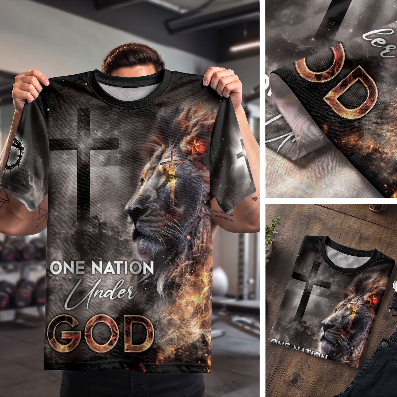One Nation Under God Fiery Lion Cross, Freedom Shirts - Christian Tee Shirts for Men, RustField Co - Rust Field Wear