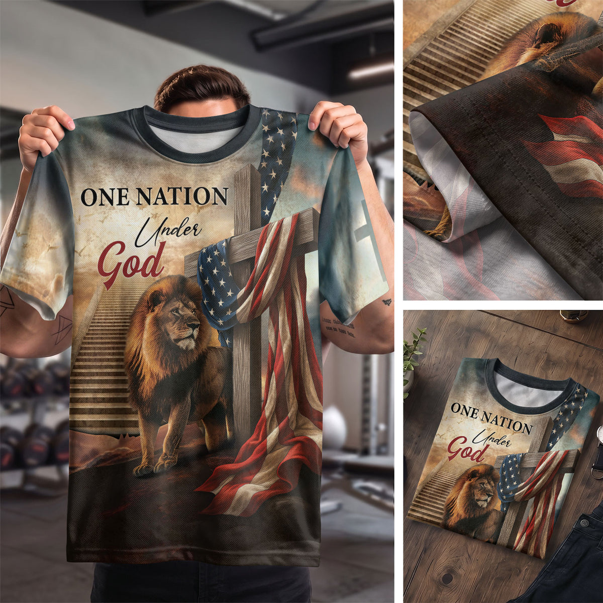 One Nation Under God Lion Cross Heaven Stairs - Christian Tee Shirts for Men, Freedom Shirts, RustField Co - Rust Field Wear