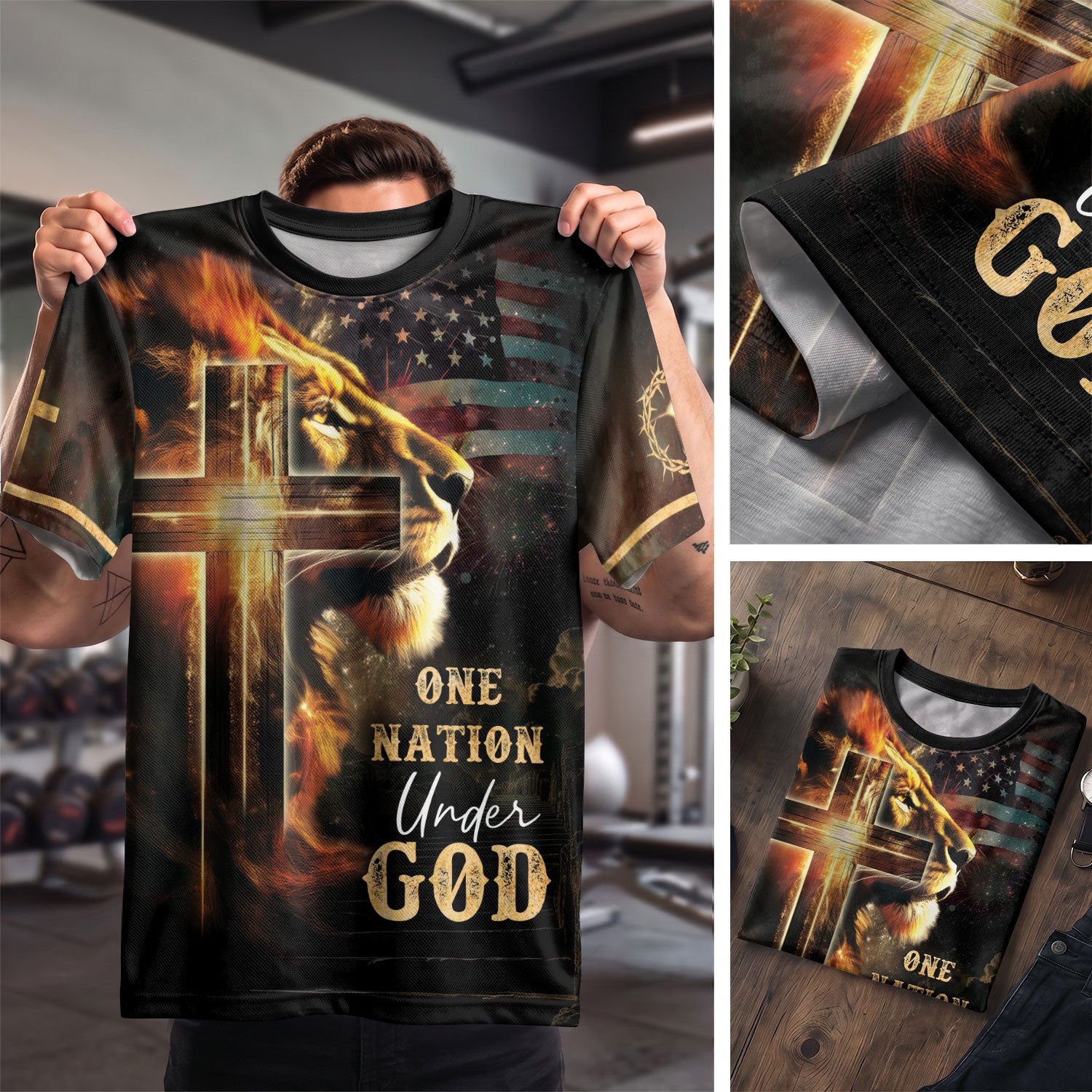 RustField Co, One Nation Under God Lion Cross American Flag - Christian Tee Shirts for Men, Freedom Shirts - Rust Field Wear