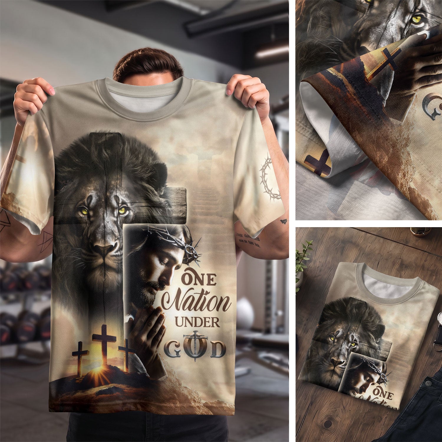 RustField Co Christian Tee Shirts - One Nation Under God Sunrise Lion Cross, Freedom Shirts for Men - Rust Field Wear