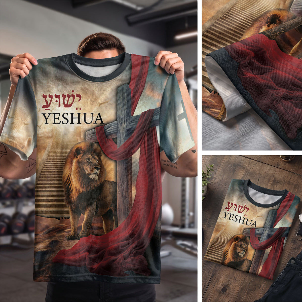 Christian Tee Shirts for Men, RustField Co - Yeshua Lion of Judah with Cross and Cloth, Freedom Shirts - Rust Field Wear