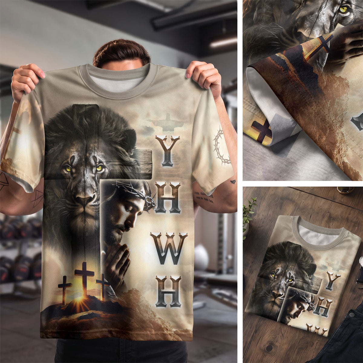 YHWH Jesus Praying with Lion and Cross - Christian Tee Shirts for Men, Freedom Shirts, RustField Co - Rust Field Wear