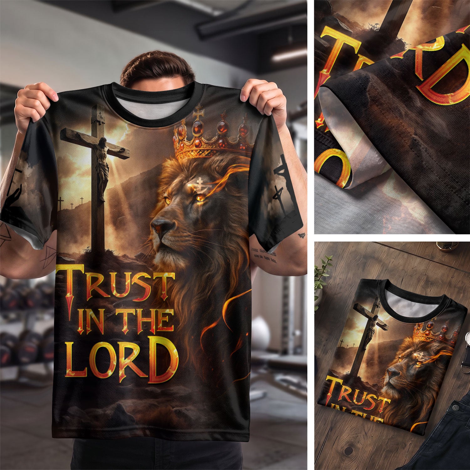 Christian Tee Shirts for Men - Trust In The Lord Fiery Cross Lion of Judah Warrior, RustField Co Freedom Shirts - Rust Field Wear