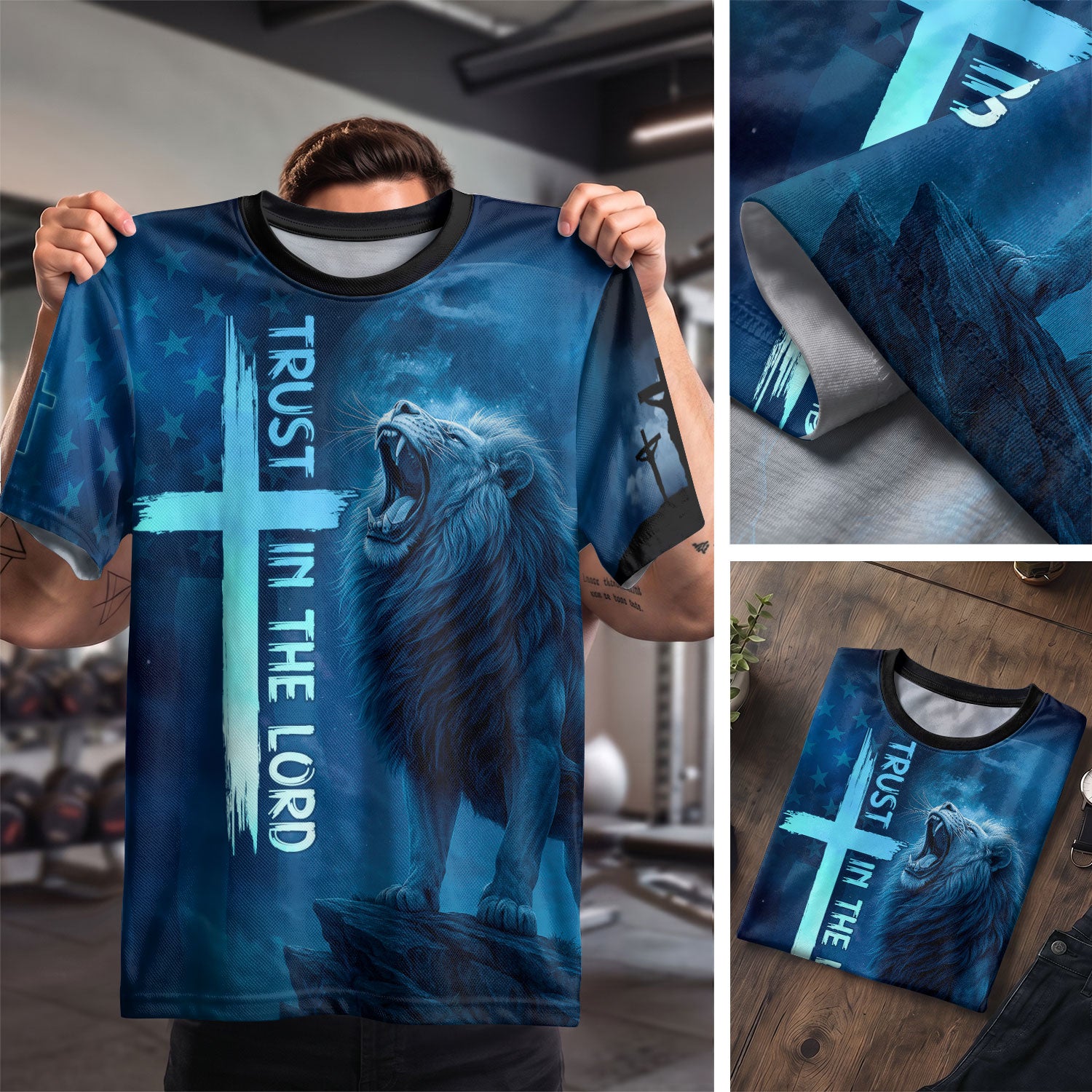 Christian Tee Shirts for Men, RustField Co - Trust In The Lord Cross and Lion, Freedom Shirts - Rust Field Wear