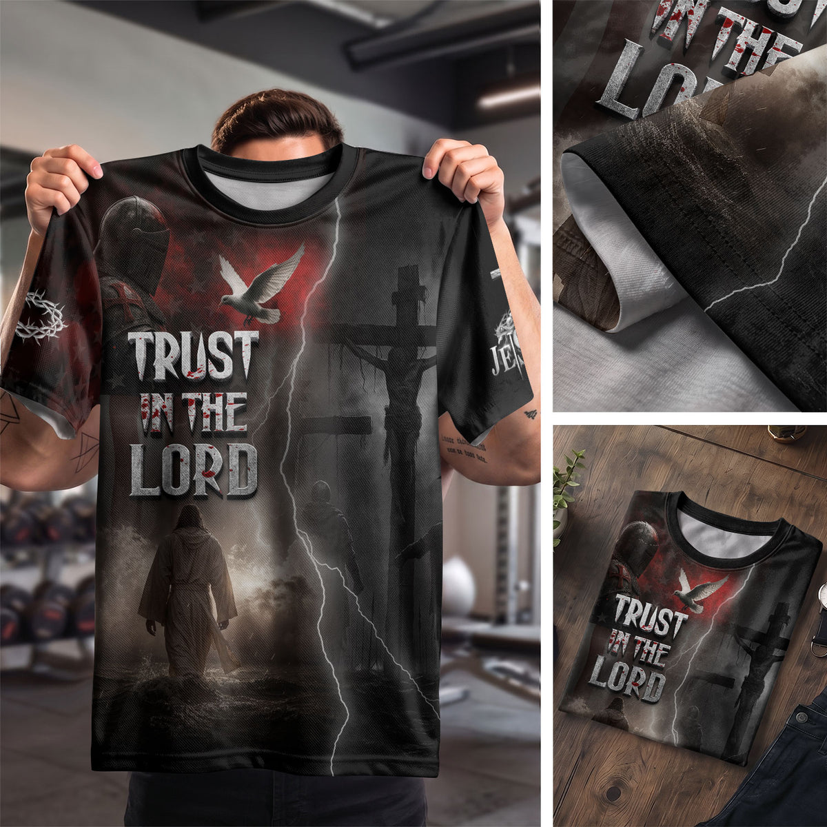 Christian Tee Shirts for Men - Trust In The Lord Knight Cross and Lion, RustField Co Freedom Shirts - Rust Field Wear