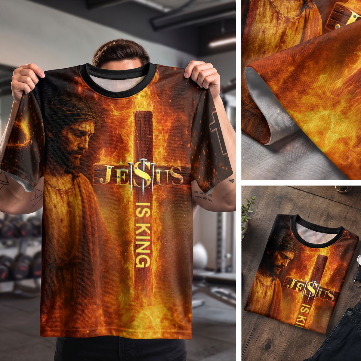 Jesus Is King Cross and Lion Fire Art - RustField Co Freedom Shirts, Christian Tee Shirts for Men - Rust Field Wear