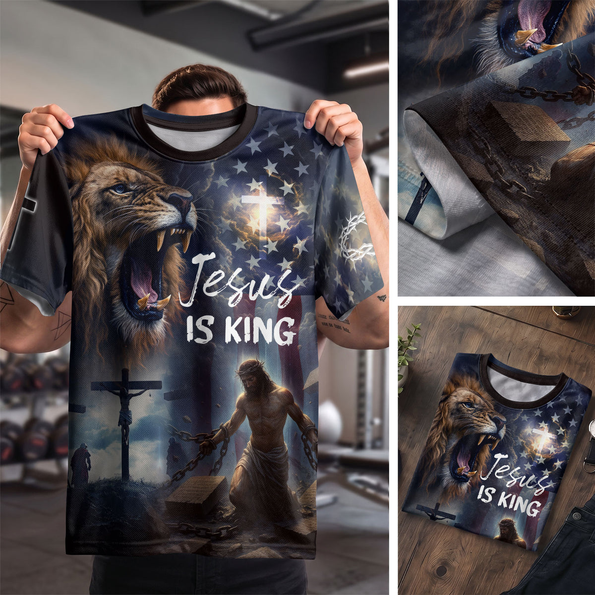 Christian Tee Shirts for Men - Jesus Is King Lion and Cross, RustField Co Freedom Shirts - Rust Field Wear