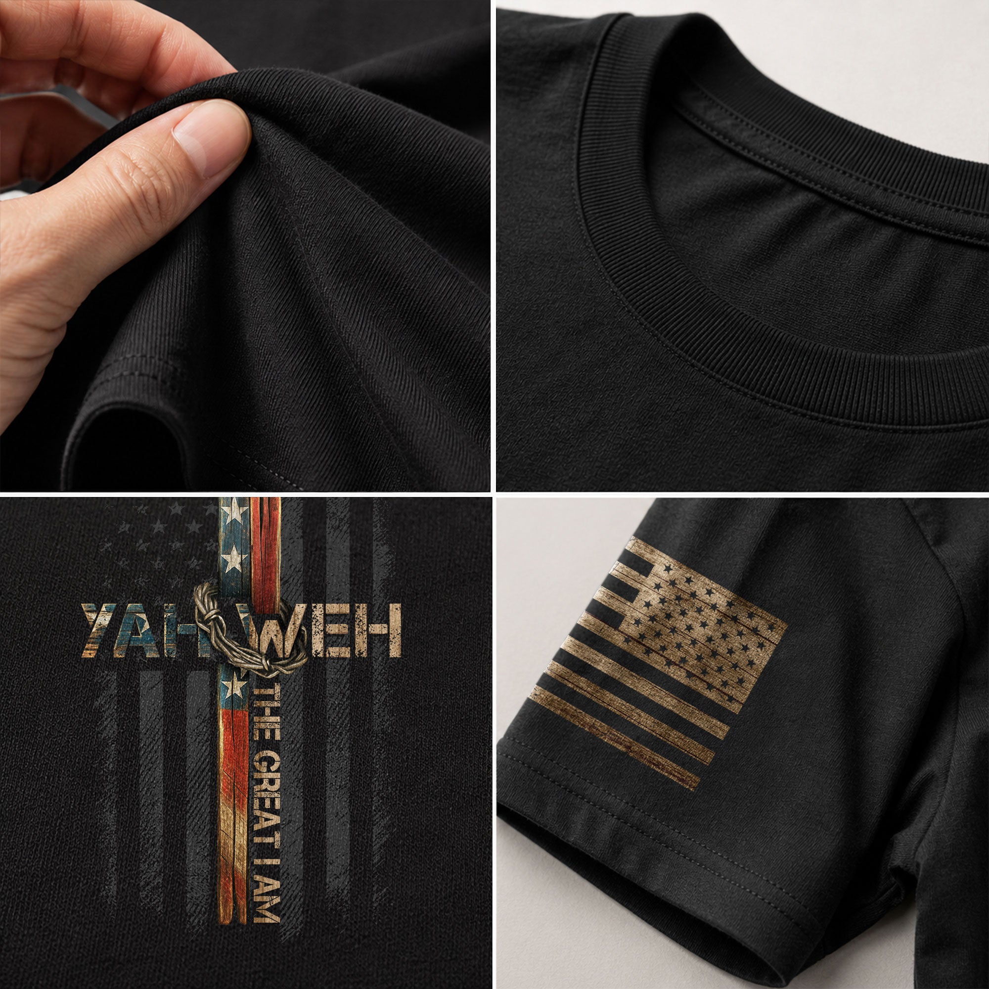 Faith Based Christian Tee Shirts, Yahweh The Great I Am American Flag Cross - Christian Shirts for Men - Rust Field Wear
