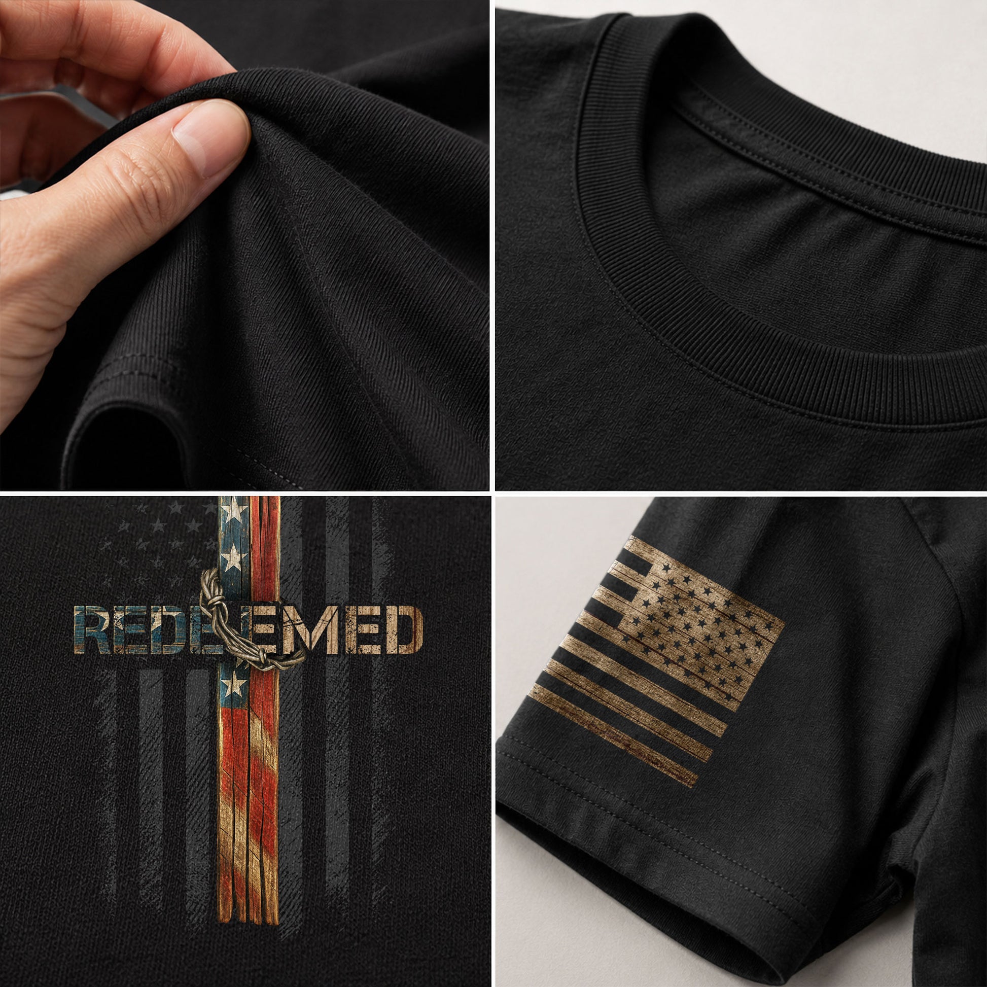 Christian Tee Shirts, Redeemed American Flag Cross Christian - Christian Shirts for Men - Rust Field Wear