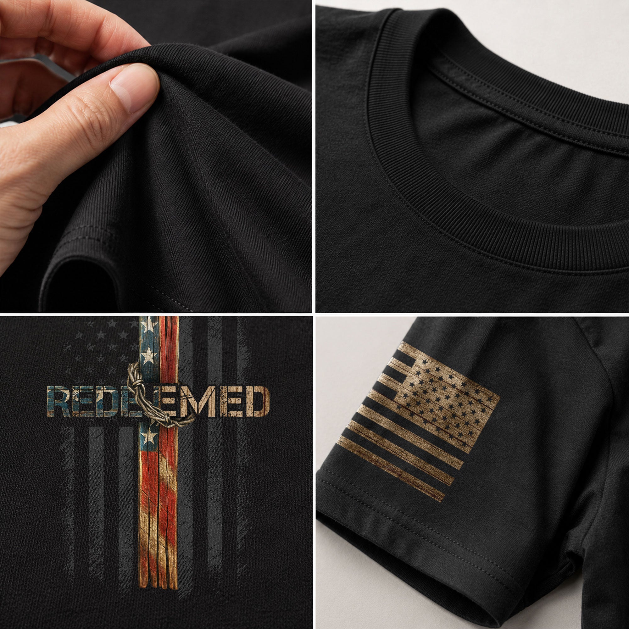 Christian Tee Shirts, Redeemed American Flag Cross Christian - Christian Shirts for Men - Rust Field Wear