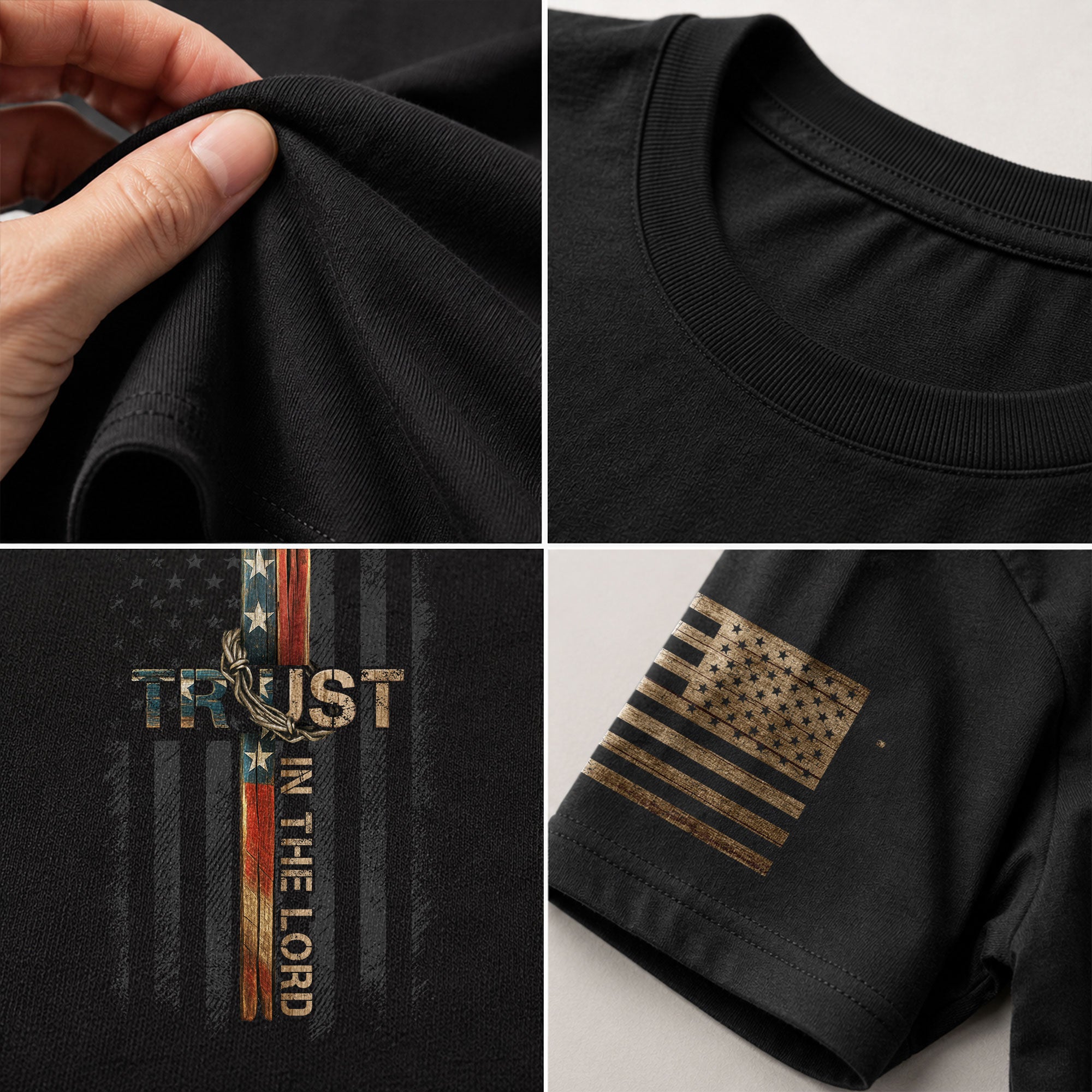 Trust In The Lord American Flag Cross - Christian Tee Shirts, Christian Shirts for Men - Rust Field Wear