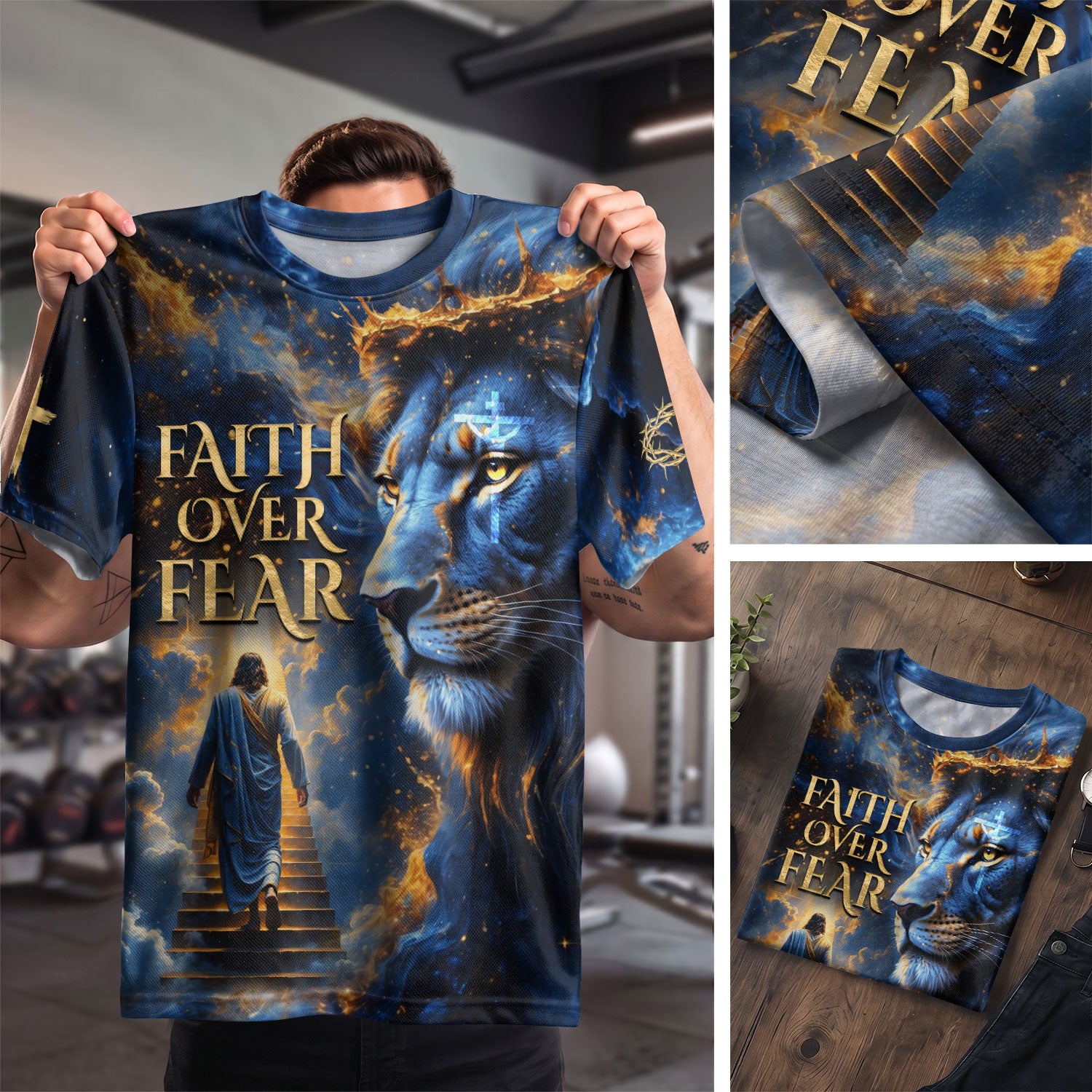 Faith Over Fear Lion and Jesus Ascending Stairs, Freedom Shirts - Christian Tee Shirts for Men, RustField Co - Rust Field Wear