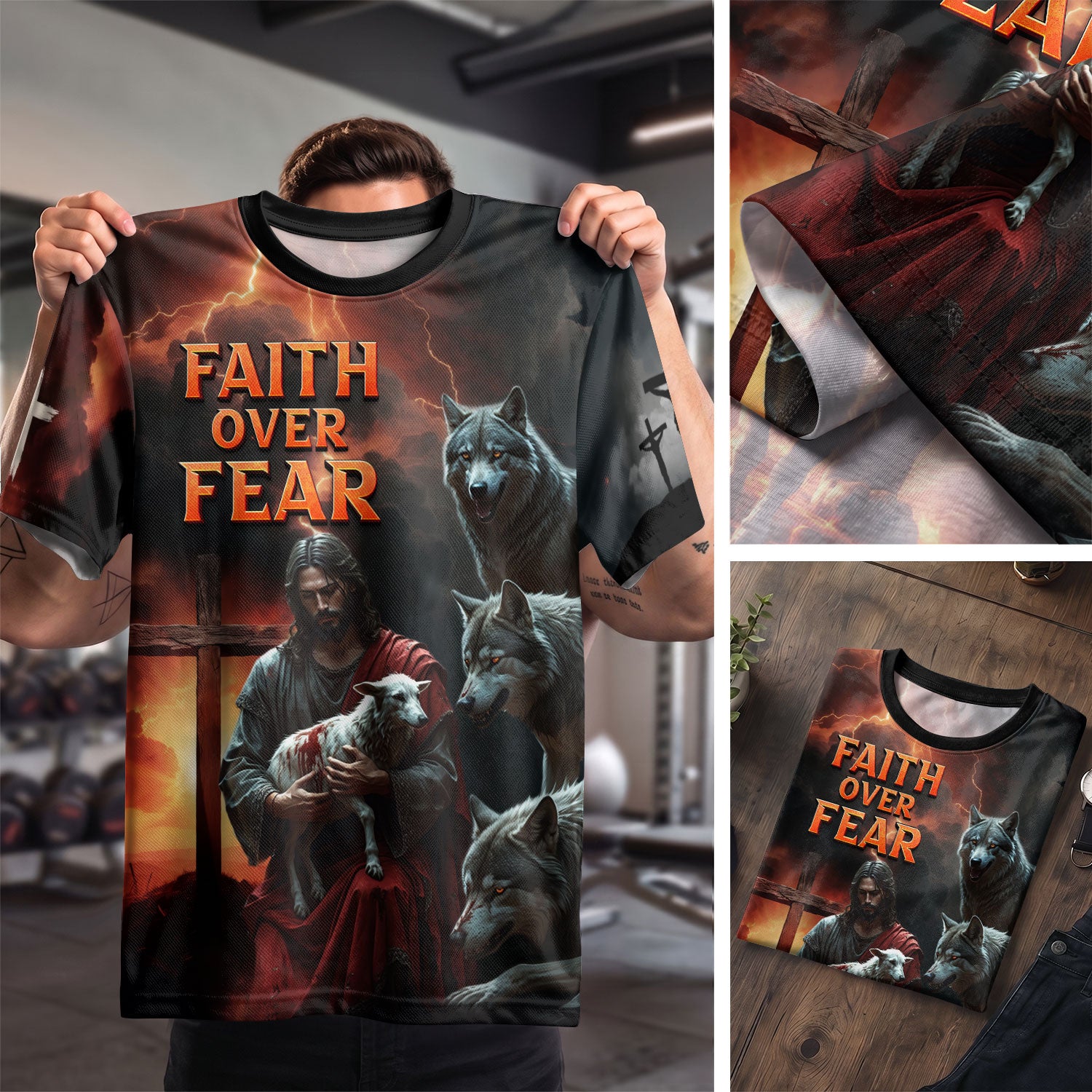 Christian Tee Shirts, Faith Over Fear Jesus Protecting the Lamb Among Wolves - Freedom Shirts for Men, RustField Co - Rust Field Wear