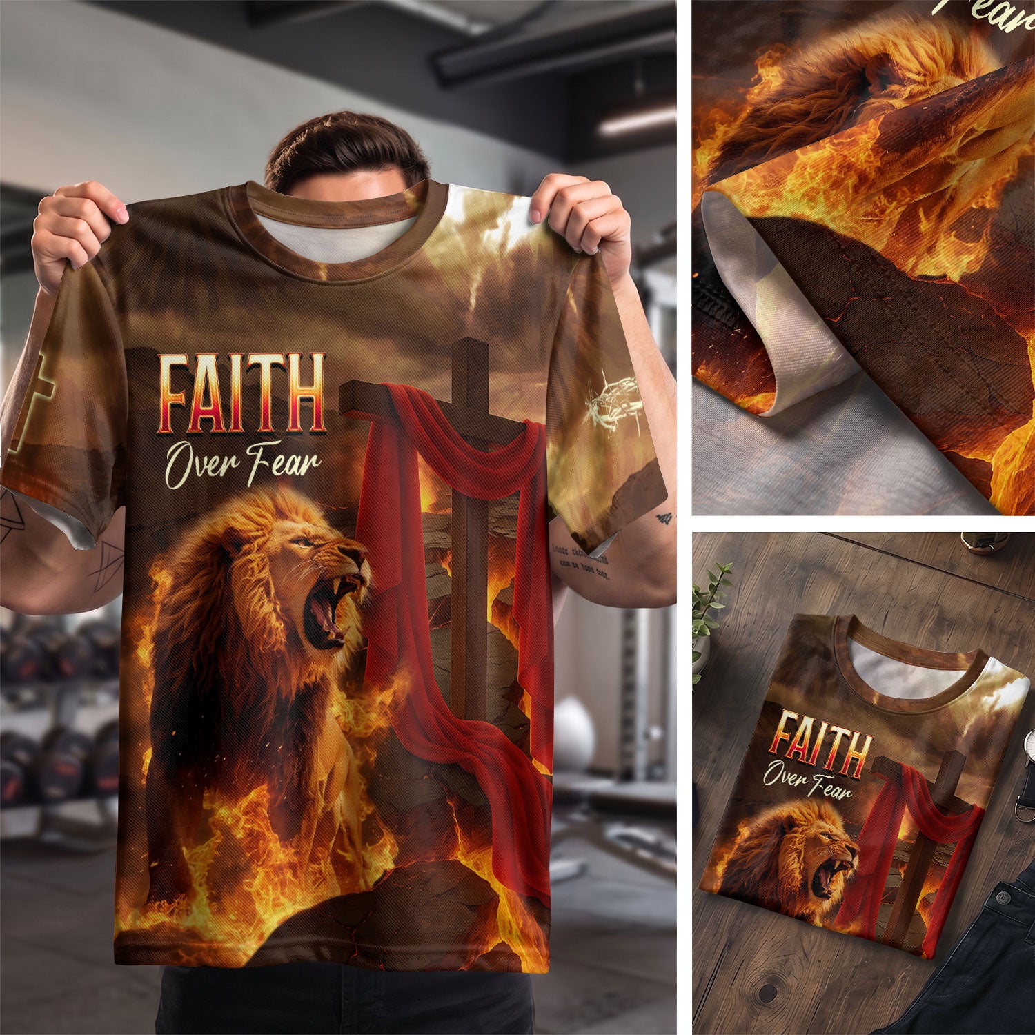 Faith Over Fear Lion and Cross in Flames - Christian Tee Shirts for Men, Freedom Shirts, RustField Co - Rust Field Wear