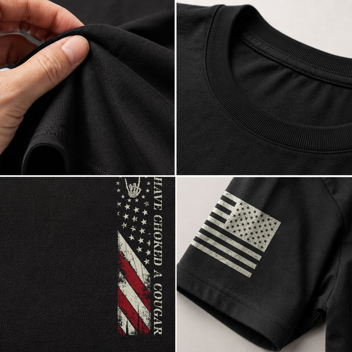 I Have Choked A Cougar US Flag Graphic T-Shirt Distressed Vertical Print Tee