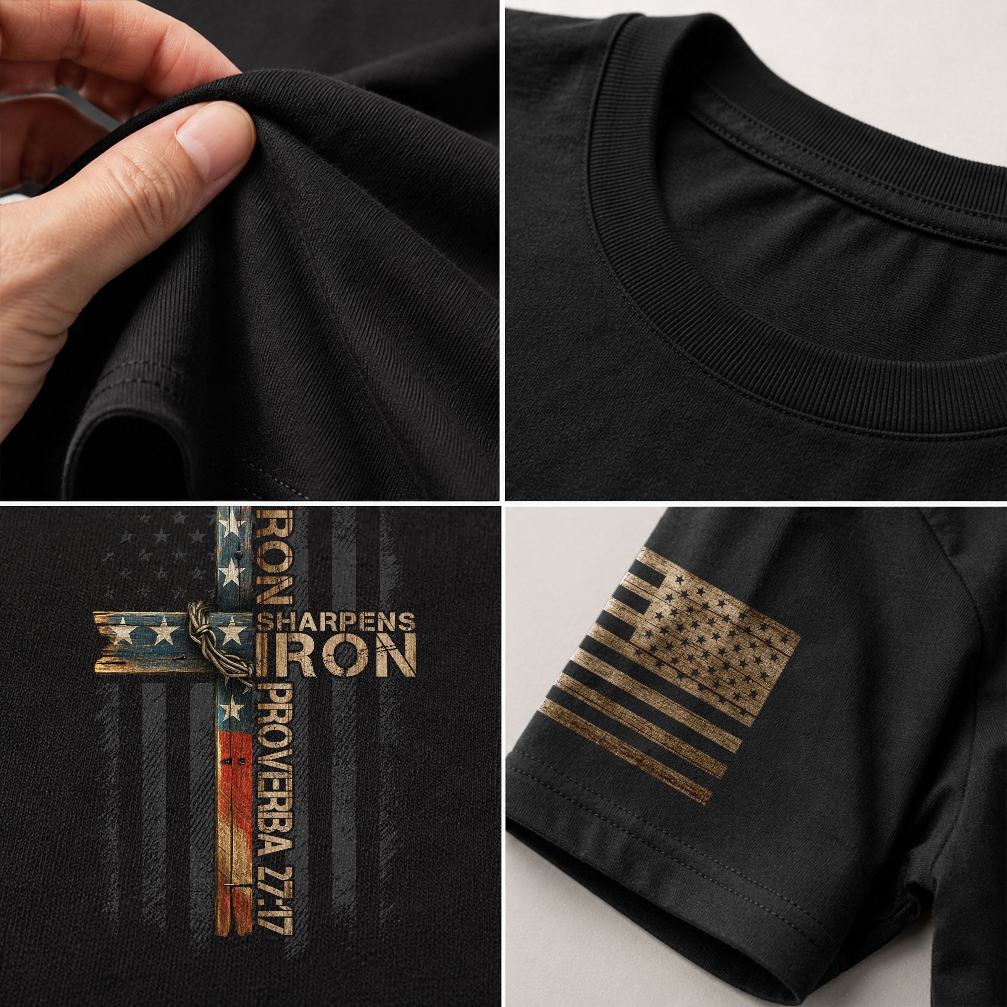 Christian Shirts for Men - Iron Sharpens Iron American Flag Cross, Christian Tee Shirts - Rust Field Wear