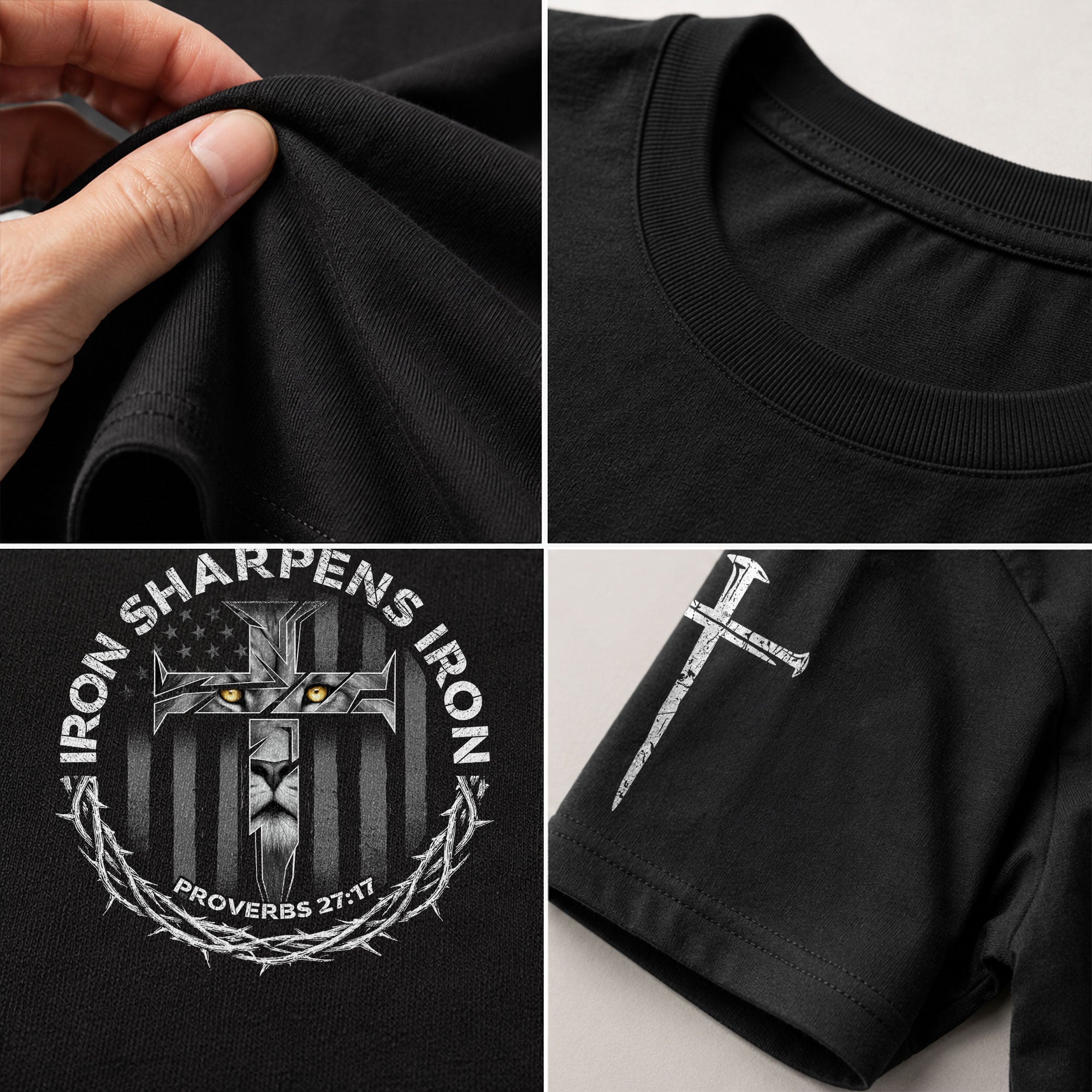 Christian Shirts for Men, Iron Sharpens Iron Proverbs 27:17 Lion Cross - Christian Tee Shirts - Rust Field Wear