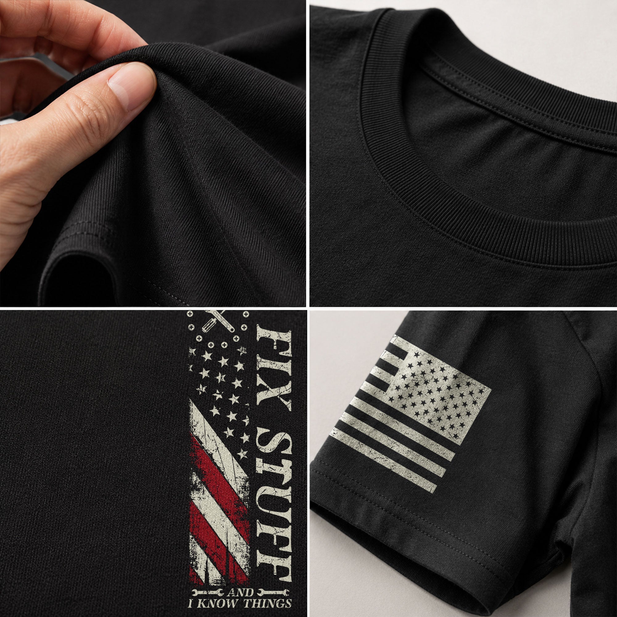 Vertical US Flag Quote Men T-Shirt I Fix Stuff And I Know Things Graphic Chest Print