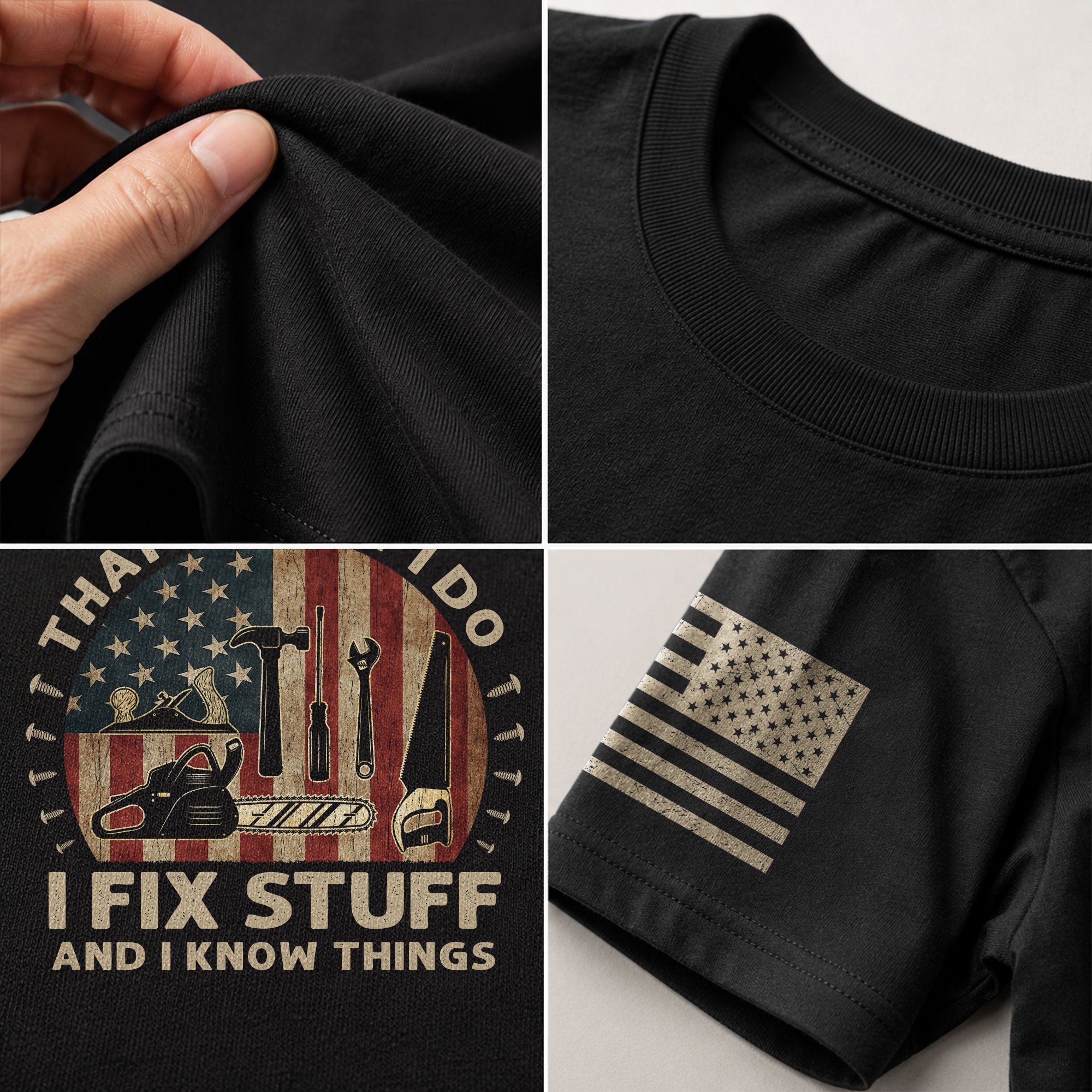 Men Woodworking Tool Graphic T-Shirt I Fix Stuff And I Know Things Chainsaw Flag Tee