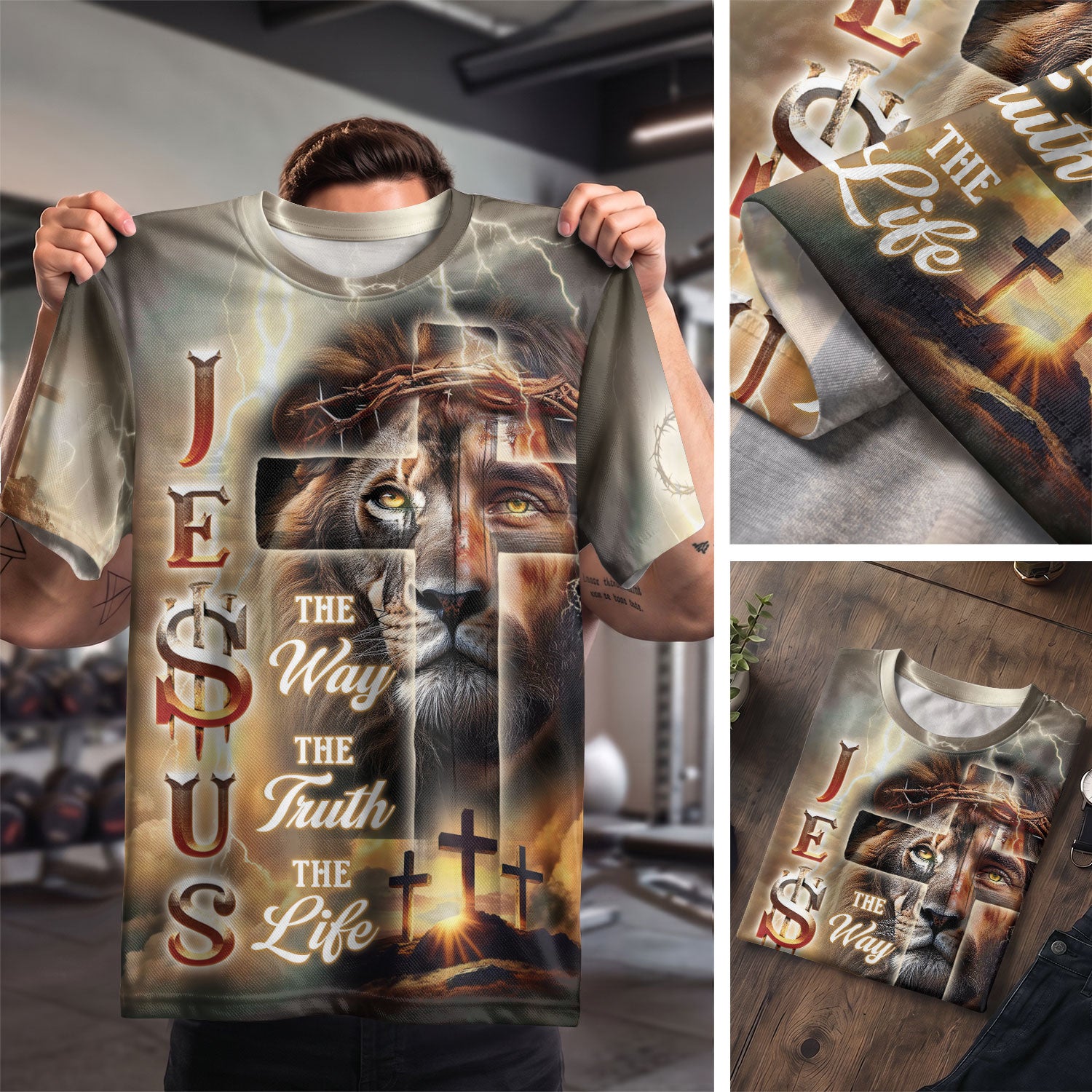 RustField Co Christian Tee Shirts - Jesus The Way The Truth The Life Lion and Cross Lightning, Freedom Shirts for Men - Rust Field Wear