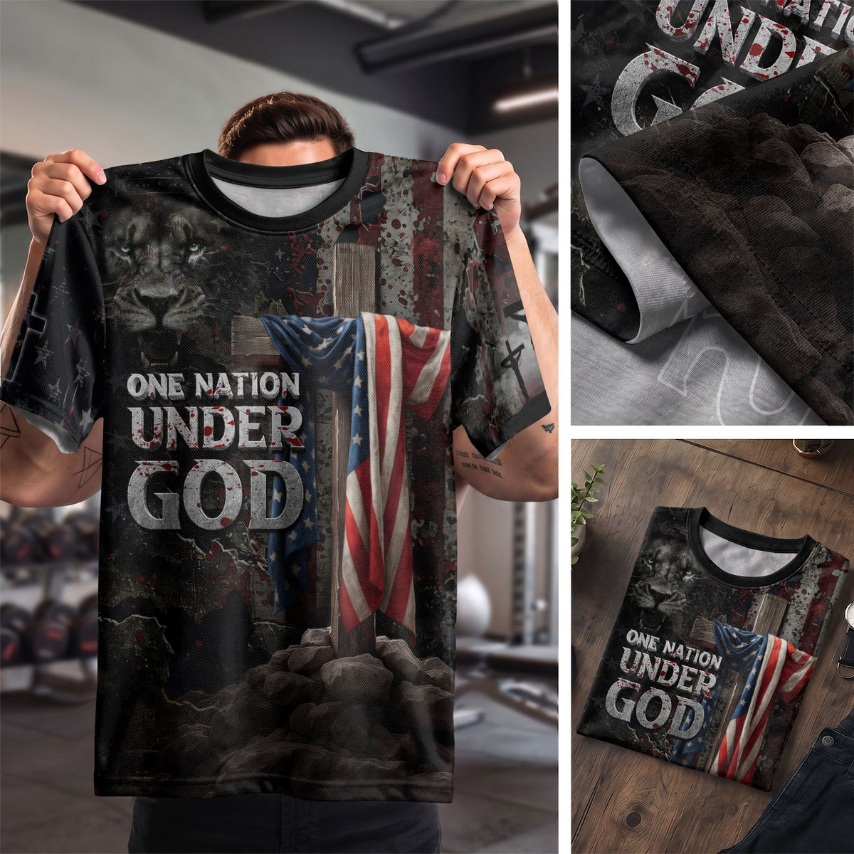 RustField Co Christian Tee Shirts - One Nation Under God Lion and Cross, Freedom Shirts for Men - Rust Field Wear