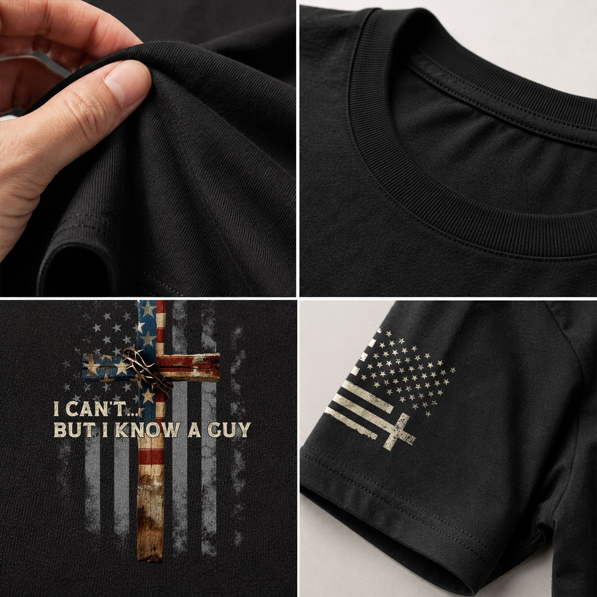 I Can’t But I Know A Guy American Flag Cross - Christian Shirts for Men, Faith Based Christian Tee Shirts - Rust Field Wear