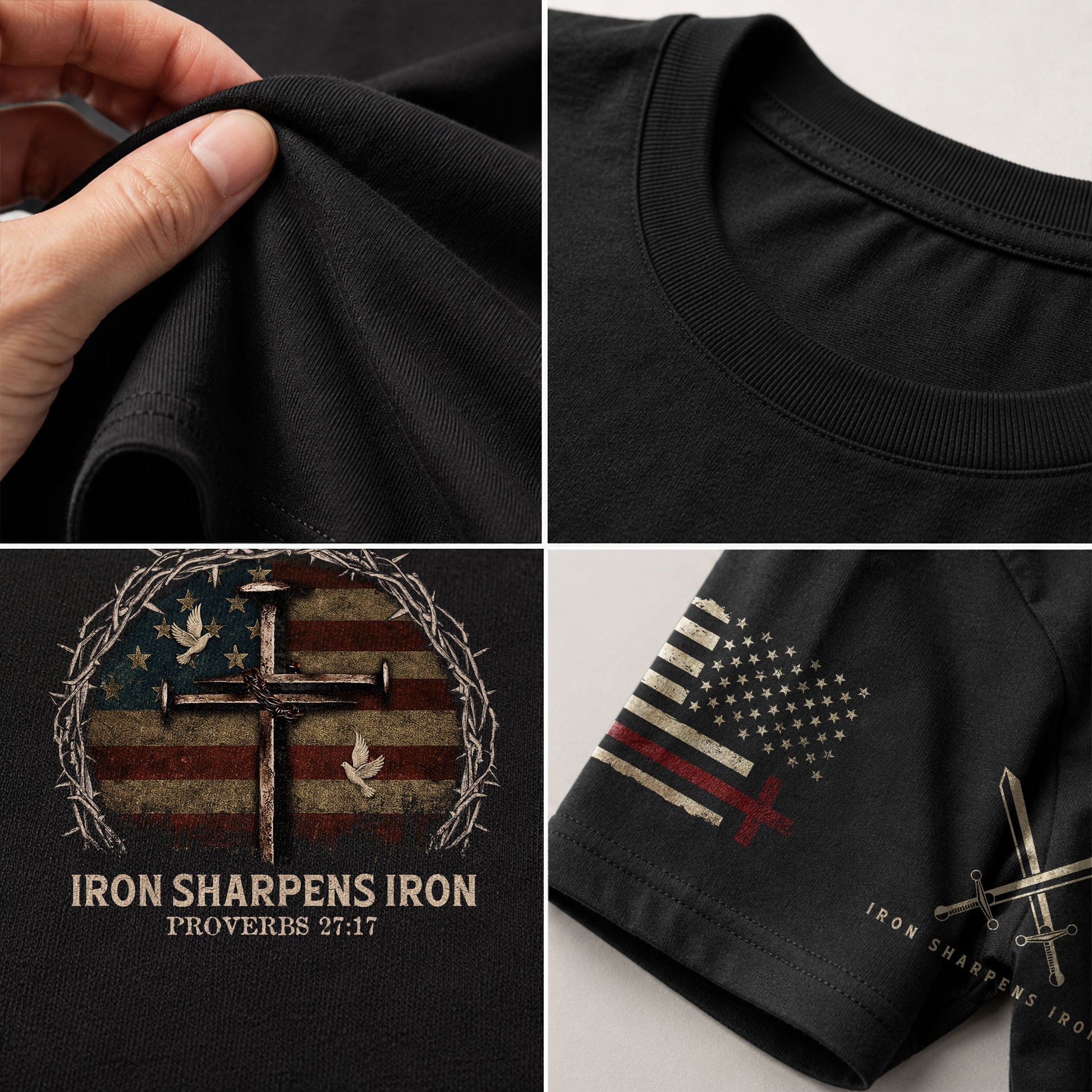 Christian Shirts for Men, Iron Sharpens Iron Cross American Flag - Christian Tee Shirts - Rust Field Wear