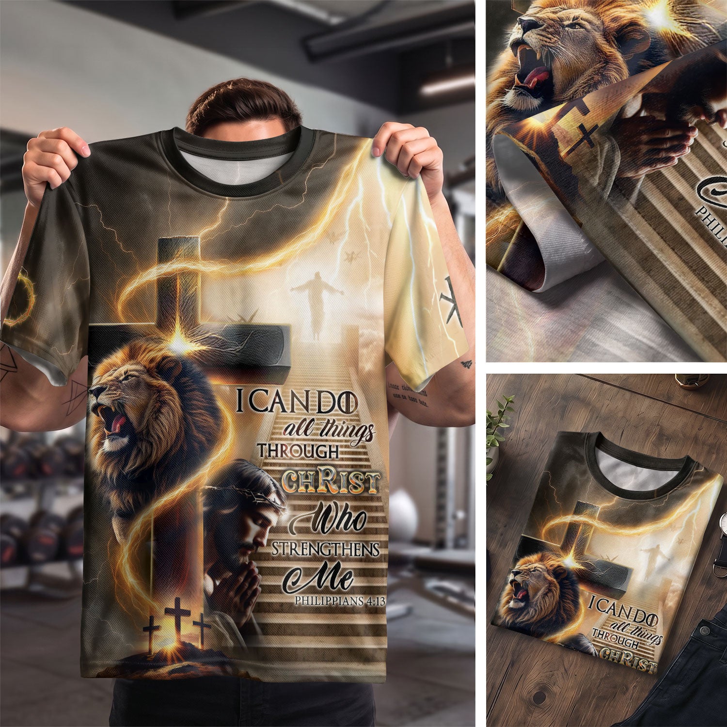 RustField Co Christian Tee Shirts - I Can Do All Things Through Christ Lion Cross Lightning, Freedom Shirts for Men - Rust Field Wear