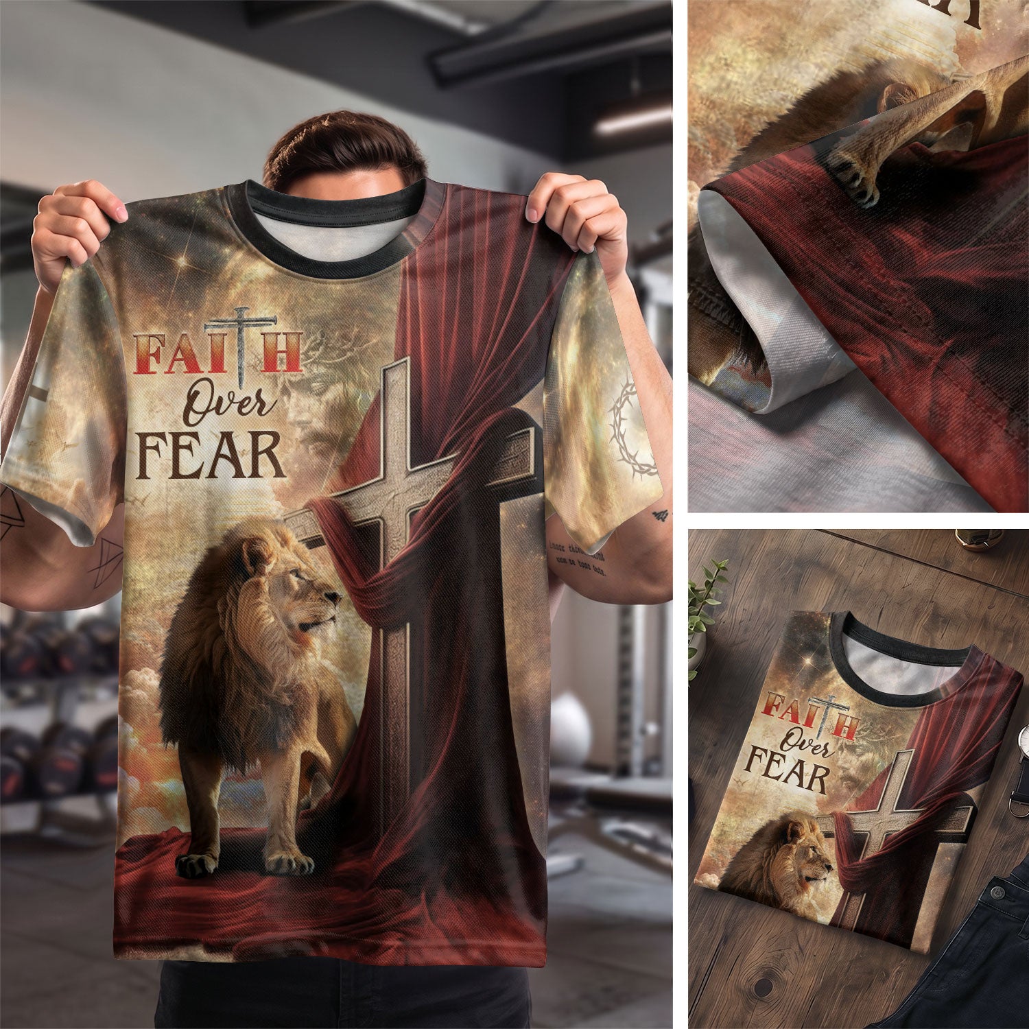 Christian Tee Shirts for Men, RustField Co - Faith Over Fear Lion and Cross Drape, Freedom Shirts - Rust Field Wear