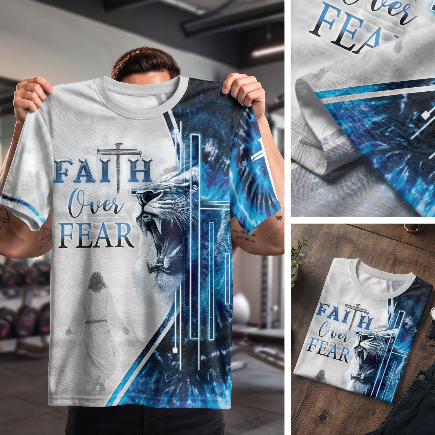 Faith Over Fear Lion and Cross - RustField Co Freedom Shirts, Christian Tee Shirts for Men - Rust Field Wear