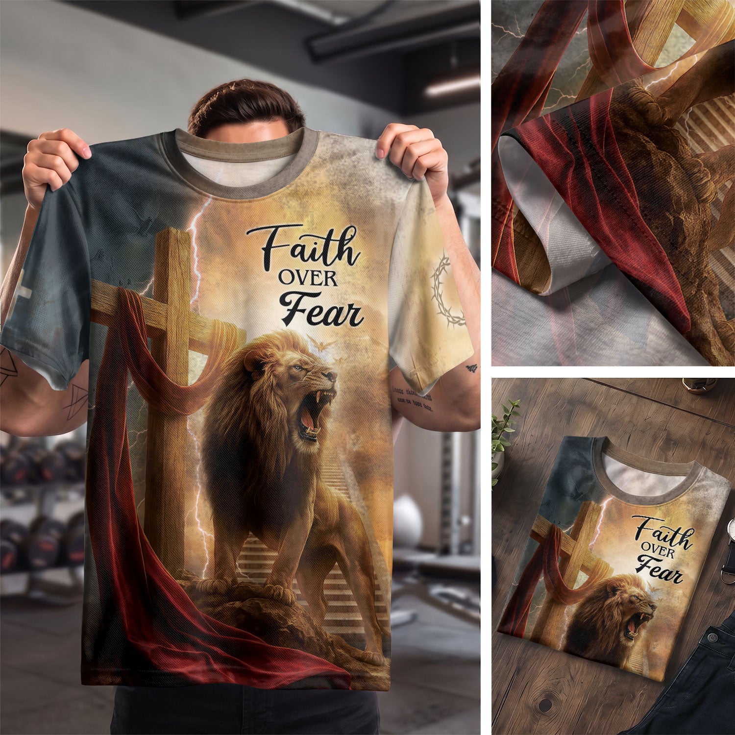 Christian Tee Shirts for Men - Faith Over Fear Lion Cross, RustField Co Freedom Shirts - Rust Field Wear