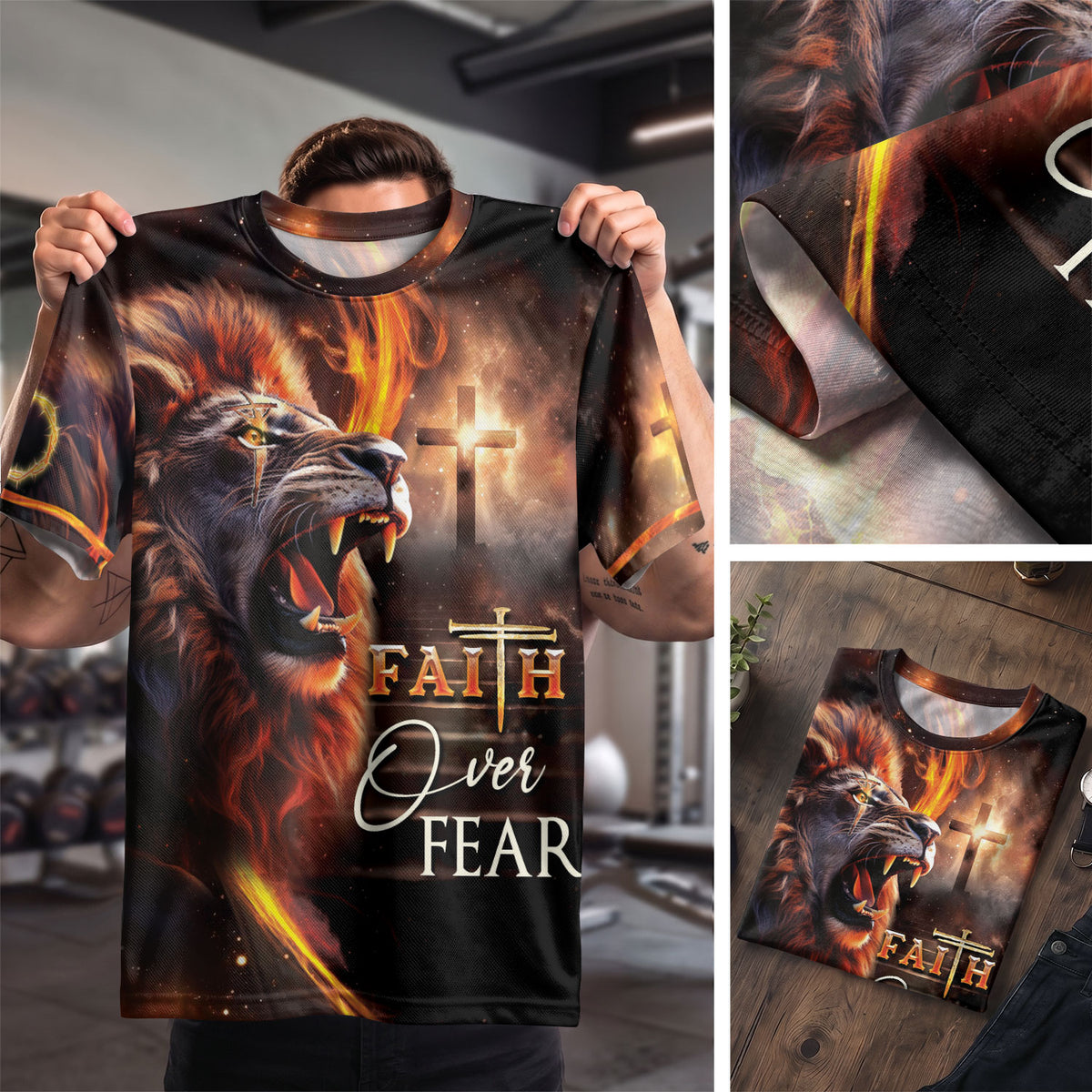 Faith Over Fear Fiery Lion and Cross Christian Tee Shirts - Freedom Shirts for Men, RustField Co - Rust Field Wear