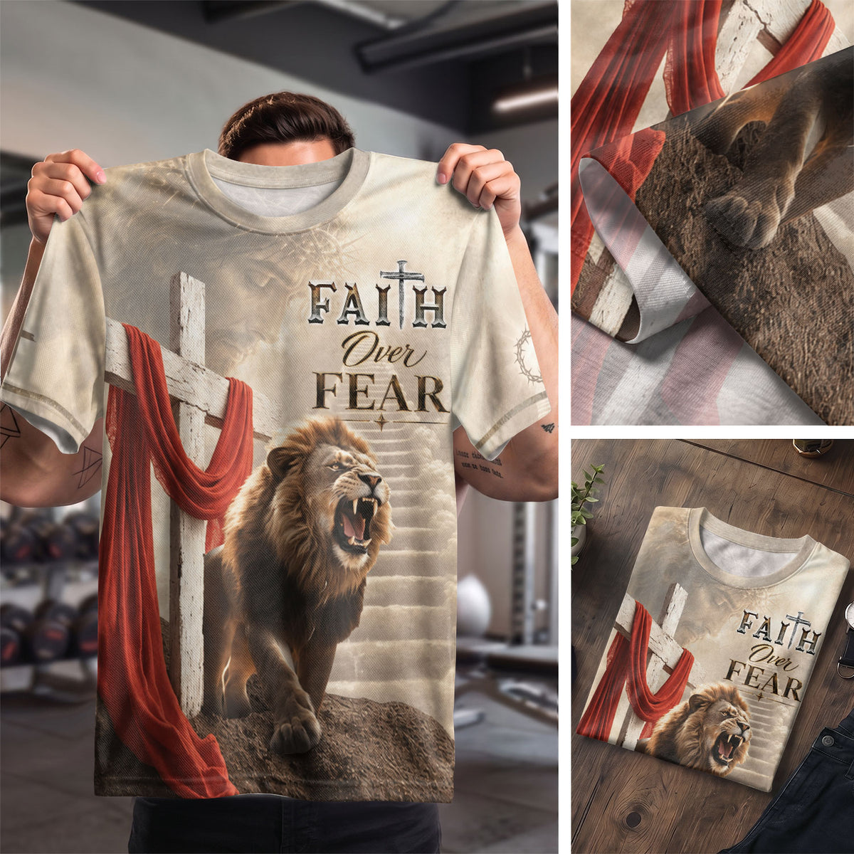 Freedom Shirts for Men, Faith Over Fear Jesus and Lion with Drape - Christian Tee Shirts, RustField Co - Rust Field Wear