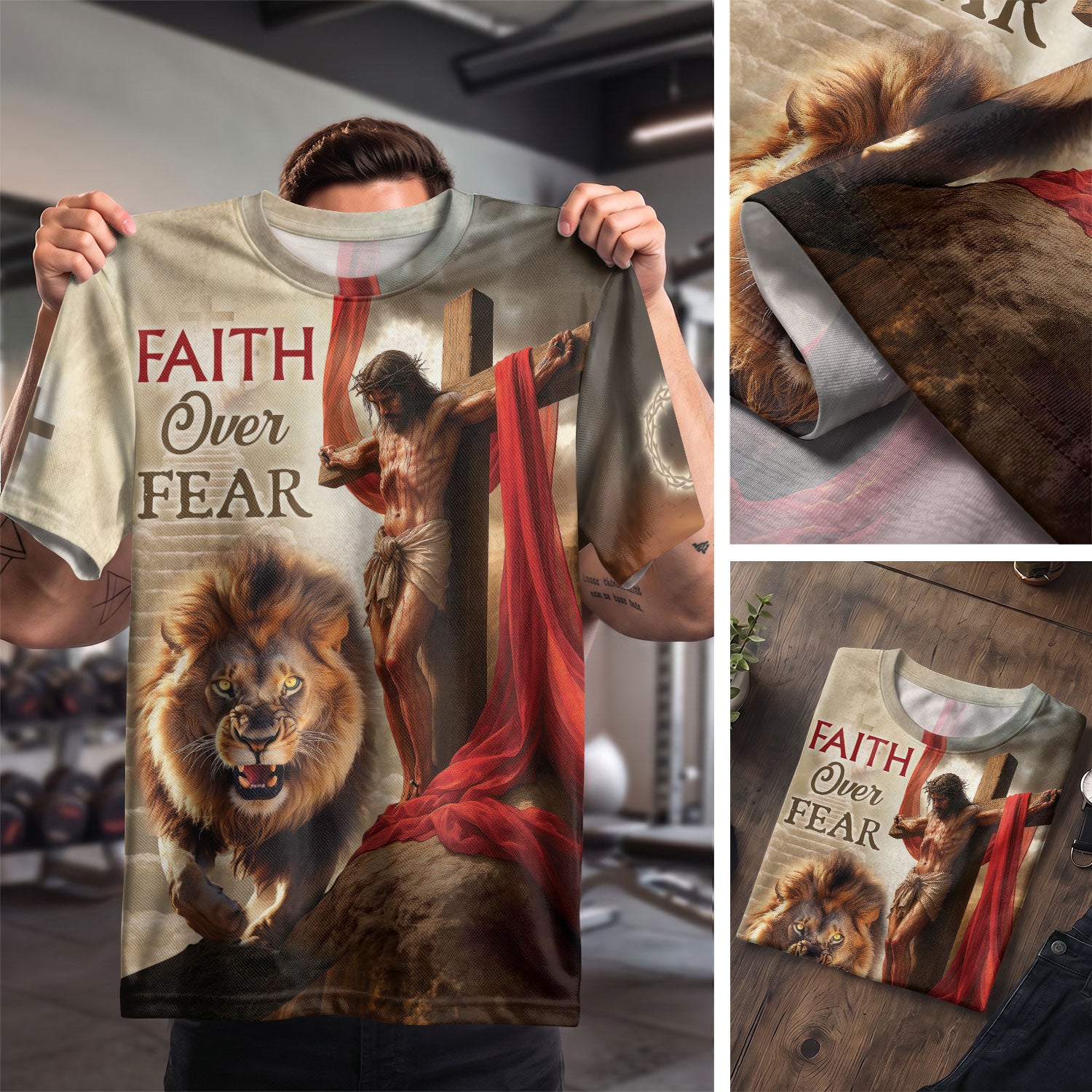 RustField Co Christian Tee Shirts - Faith Over Fear Jesus Lion and Cross, Freedom Shirts for Men - Rust Field Wear