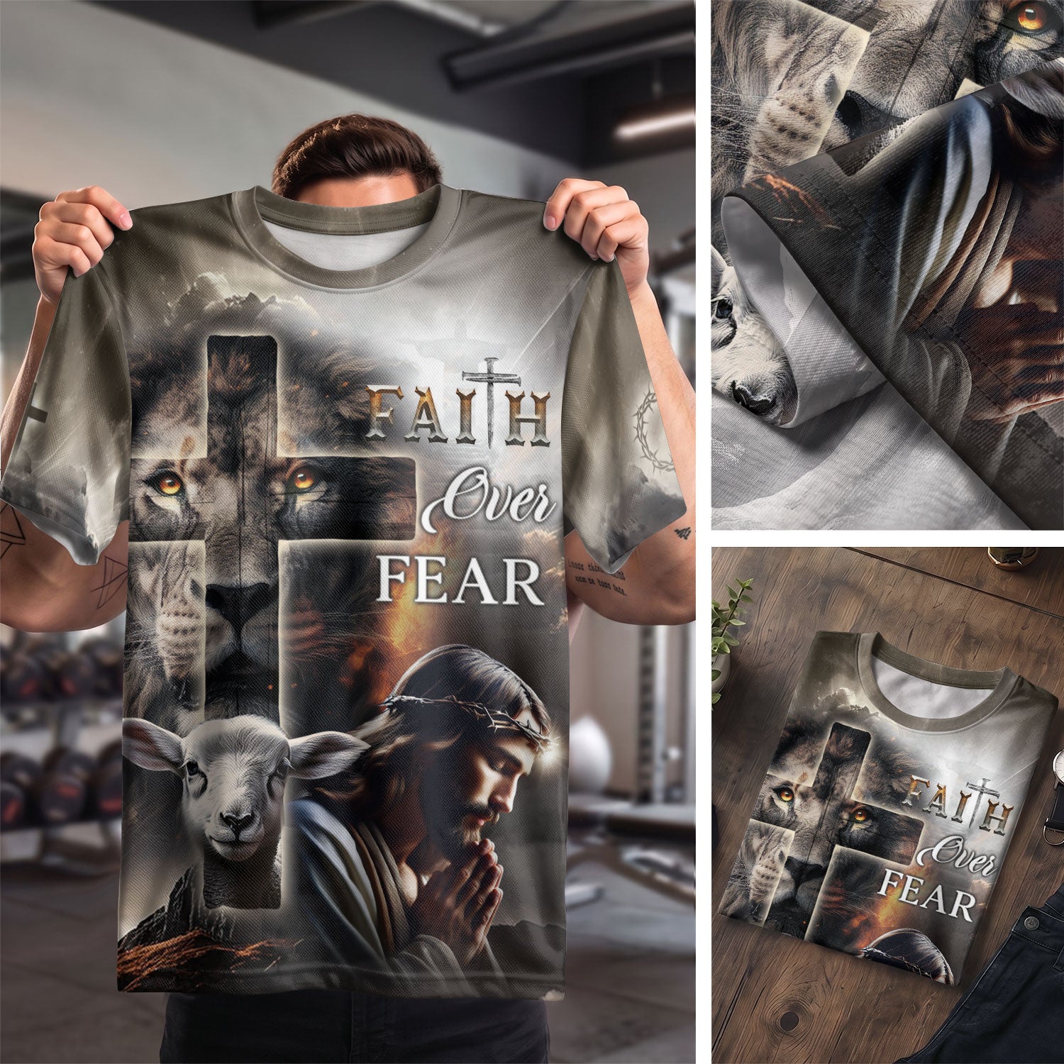 Faith Over Fear Lion Cross and Lamb, Freedom Shirts - Christian Tee Shirts for Men, RustField Co - Rust Field Wear
