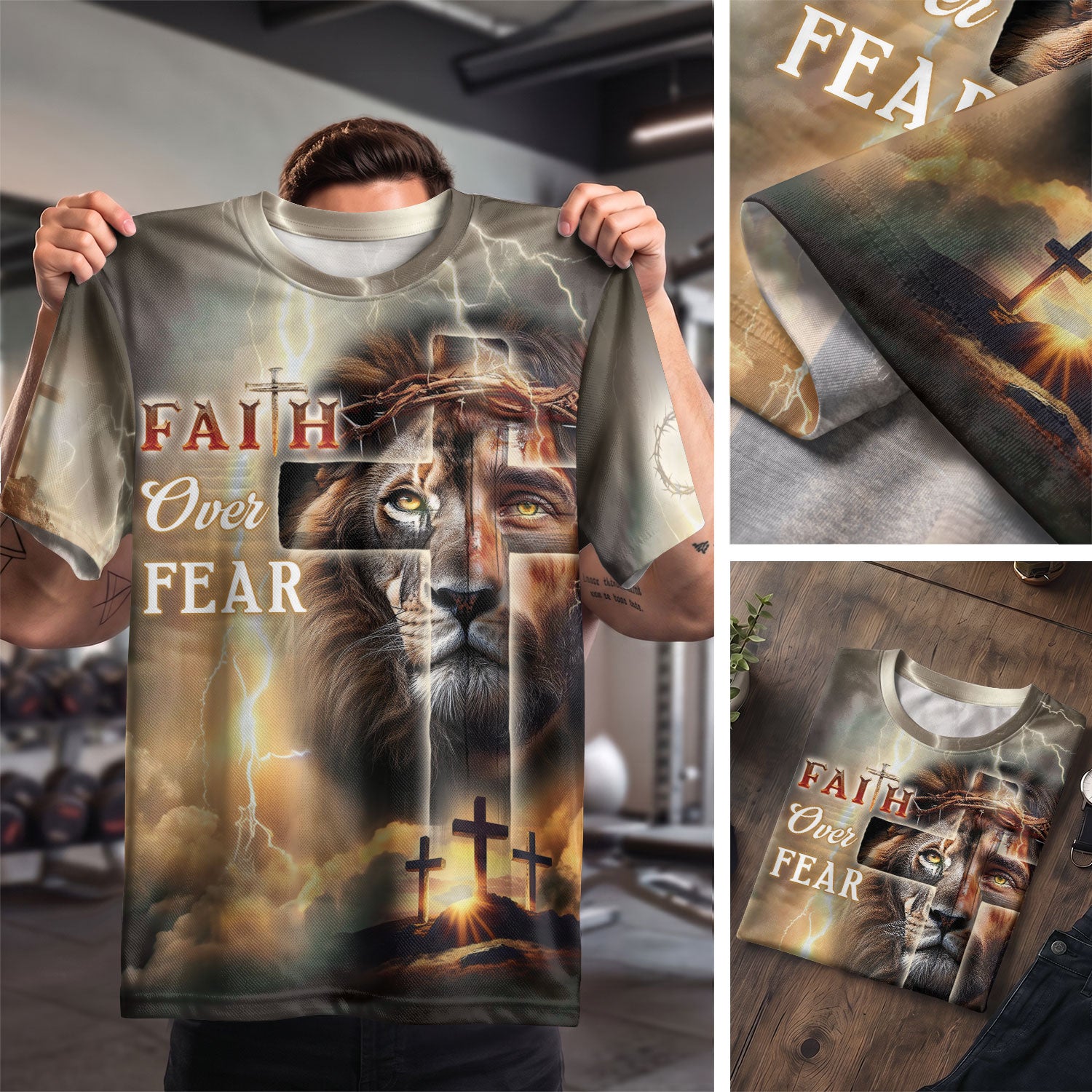 Christian Tee Shirts, Faith Over Fear Lion and Cross Lightning - Freedom Shirts for Men, RustField Co - Rust Field Wear