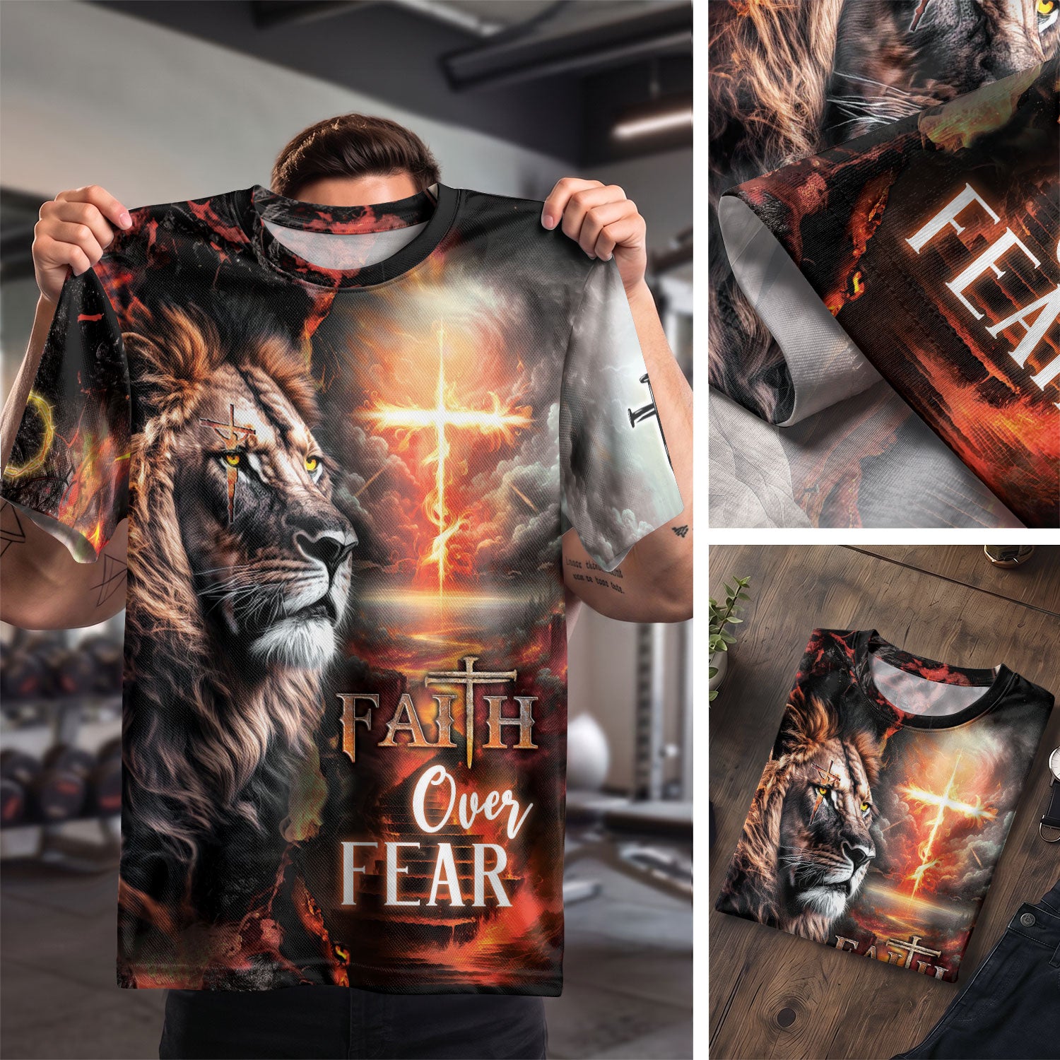 Lion and Fiery Cross Faith Over Fear - Christian Tee Shirts for Men, Freedom Shirts, RustField Co - Rust Field Wear