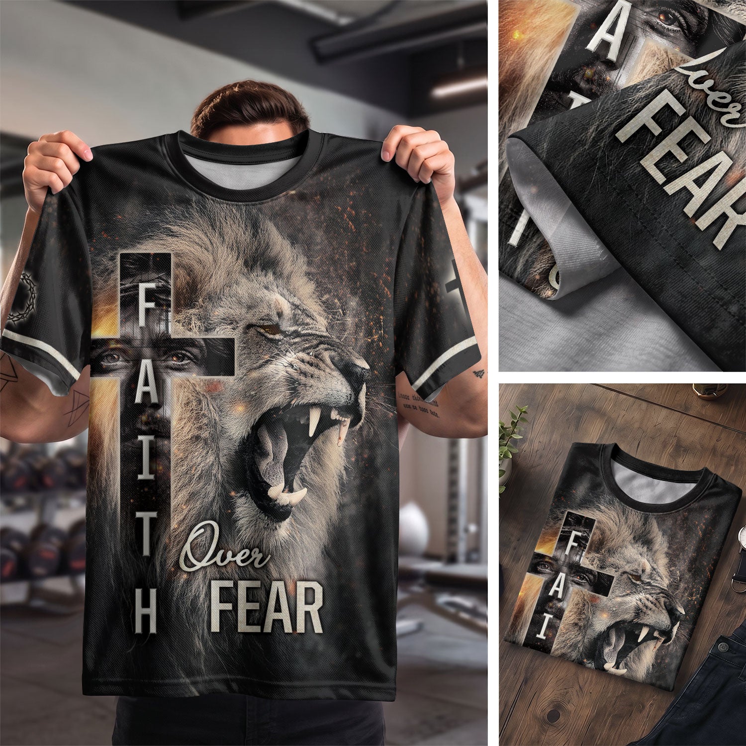 Freedom Shirts - Roaring Lion and Cross Faith Over Fear, Christian Tee Shirts for Men, RustField Co - Rust Field Wear