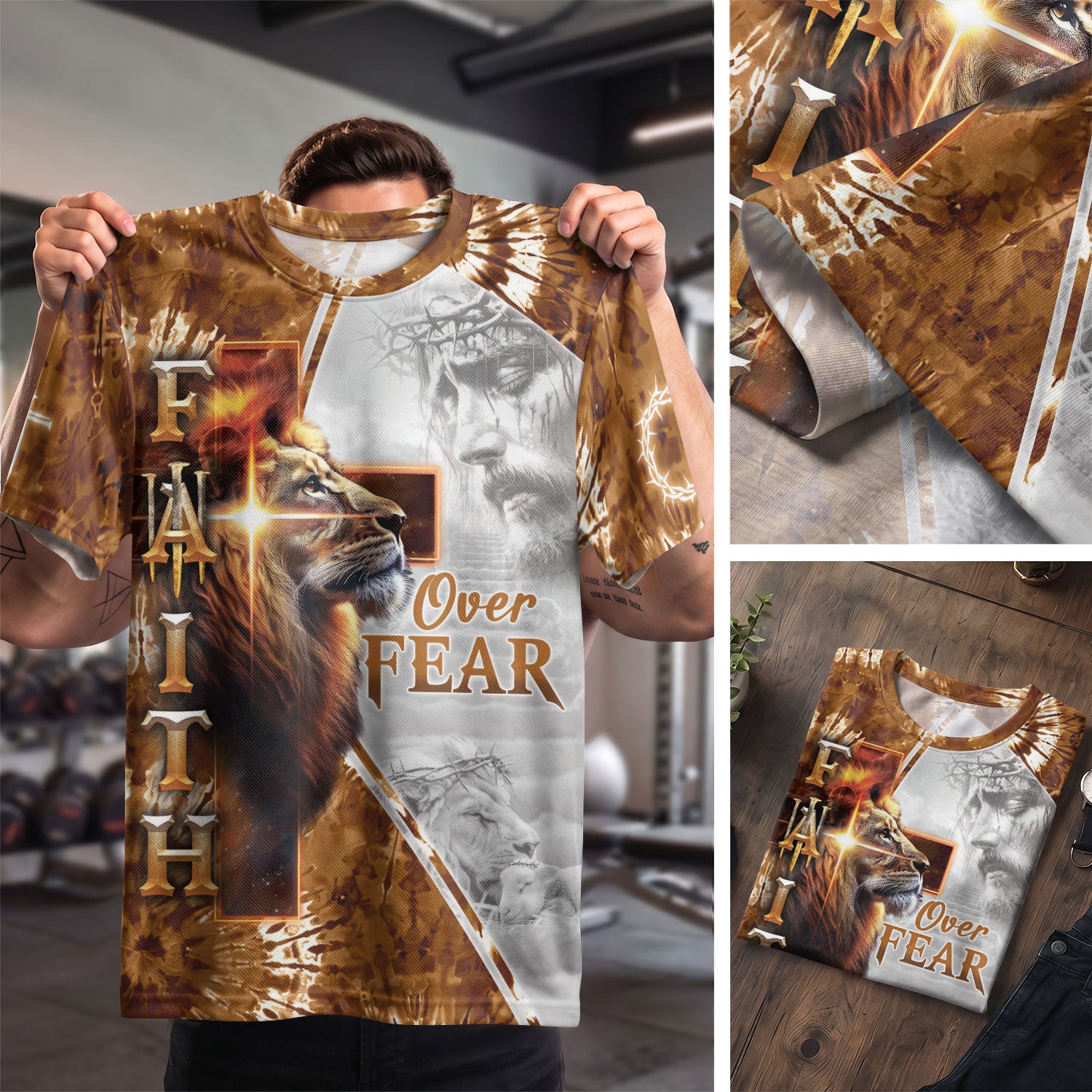 Christian Tee Shirts for Men, RustField Co - Faith Over Fear Lion and Jesus Cross, Freedom Shirts - Rust Field Wear