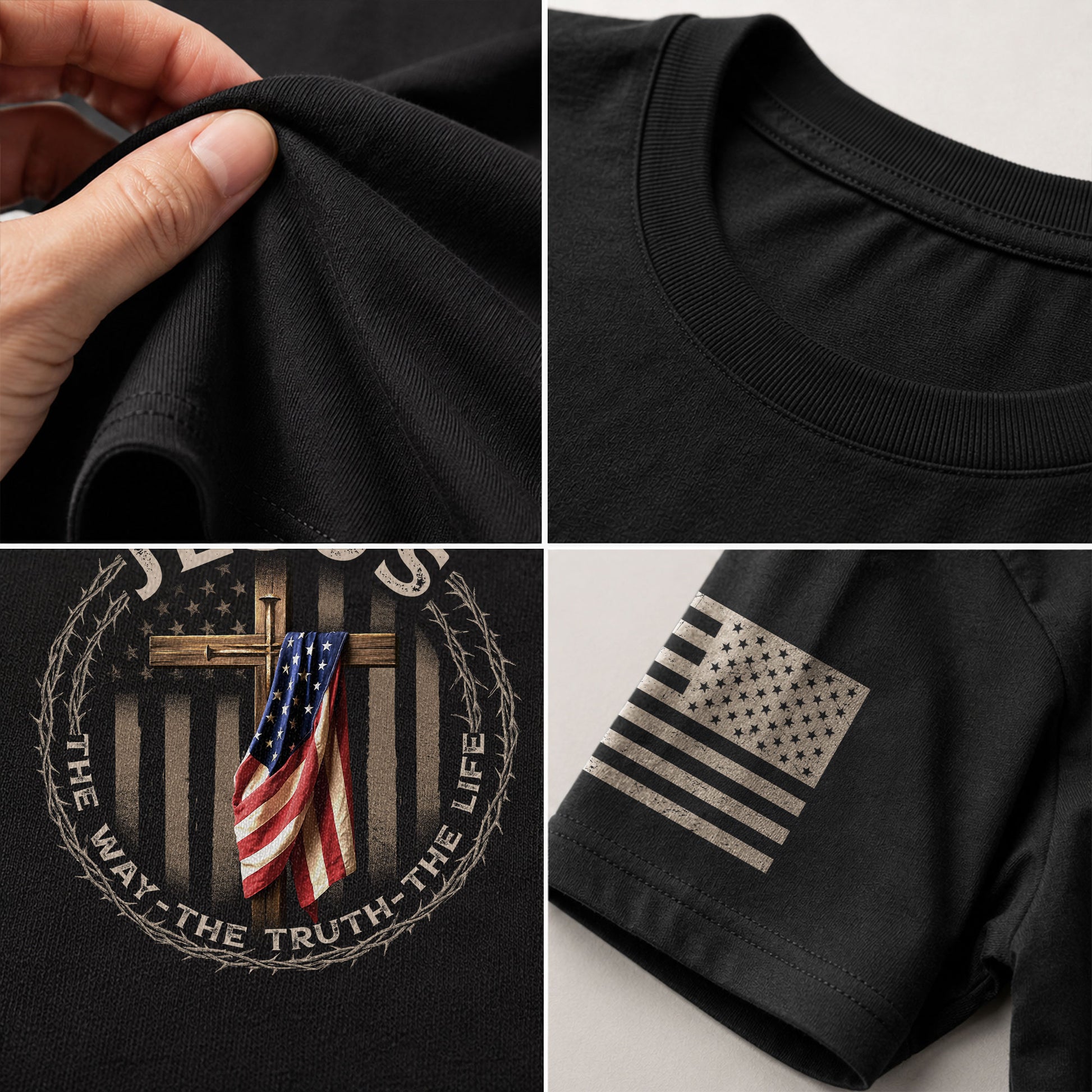 Christian Shirts for Men, Jesus The Way The Truth The Life American Flag Cross and Crown of Thorns - Christian Tee Shirts - Rust Field Wear