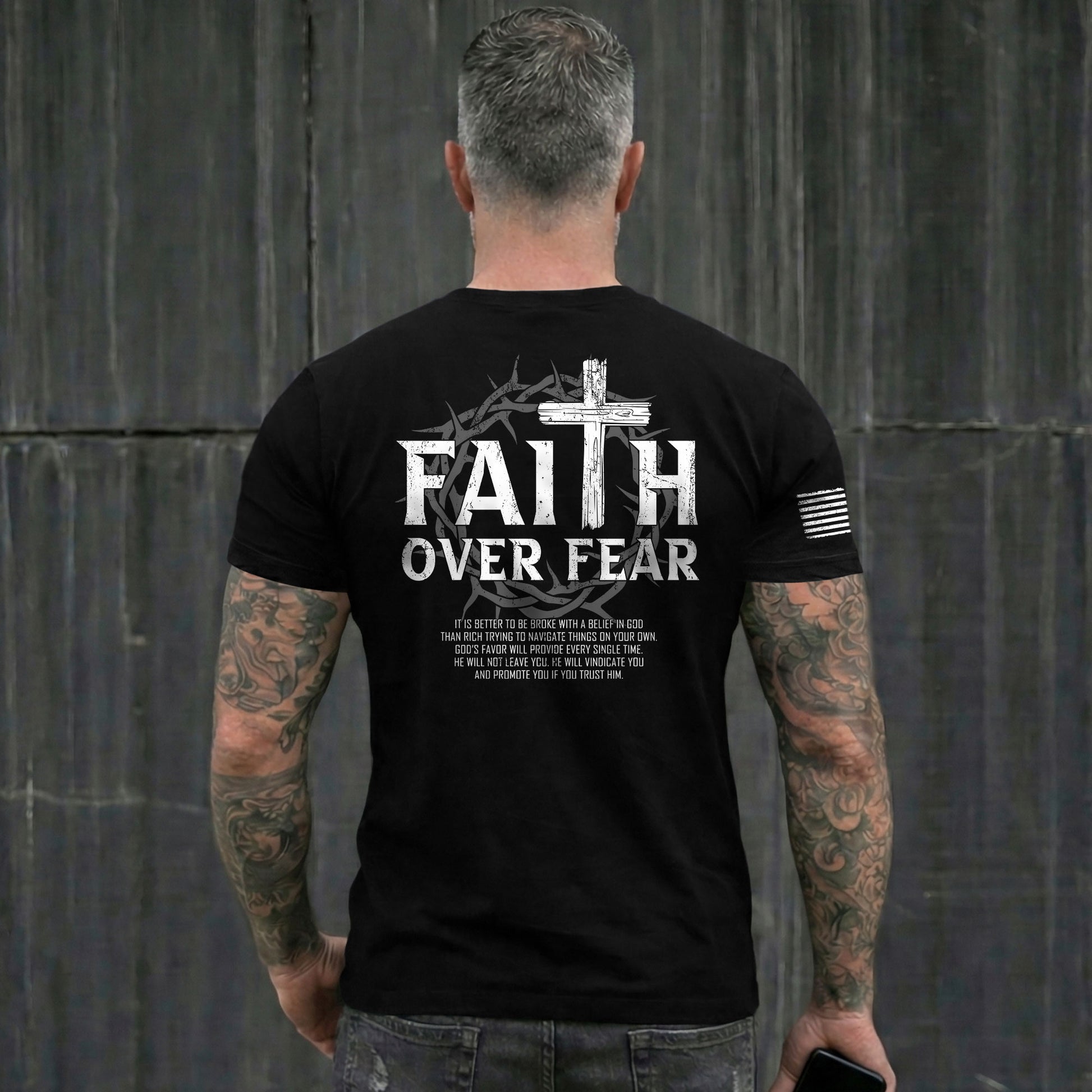 Faith Based Christian Tee Shirts, Faith Over Fear Wooden Cross Crown Christian - Christian Shirts for Men - Rust Field Wear