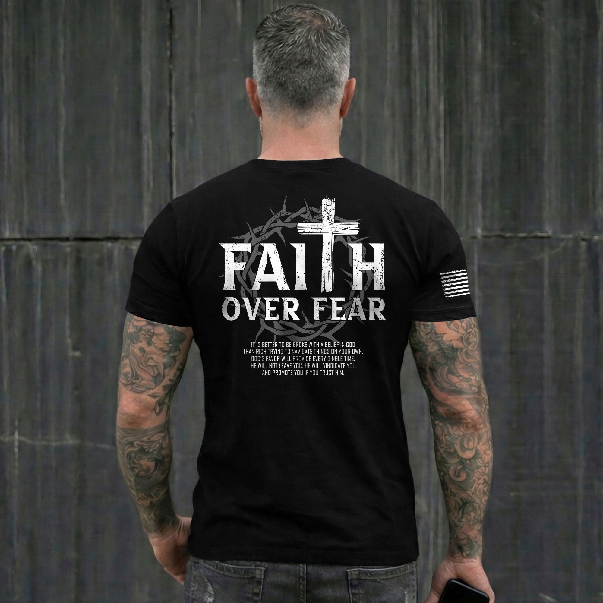 Faith Based Christian Tee Shirts, Faith Over Fear Wooden Cross Crown Christian - Christian Shirts for Men - Rust Field Wear