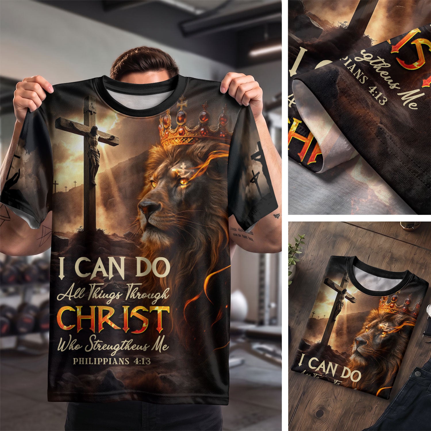 RustField Co, I Can Do All Things Through Christ Lion of Judah Cross Fire - Christian Tee Shirts for Men, Freedom Shirts - Rust Field Wear