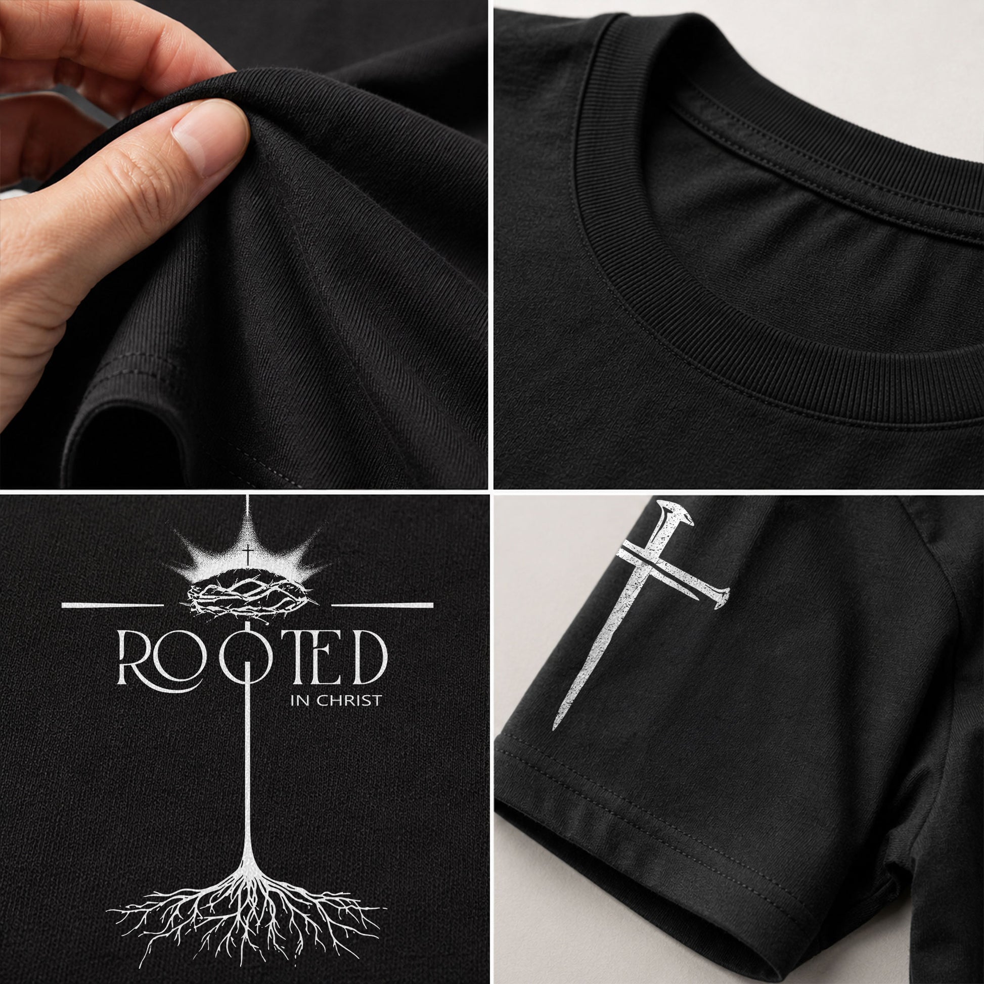 Faith Based Christian Tee Shirts, Rooted In Christ Christian With Crown Of Thorns And Cross Roots - Christian Shirts for Men - Rust Field Wear