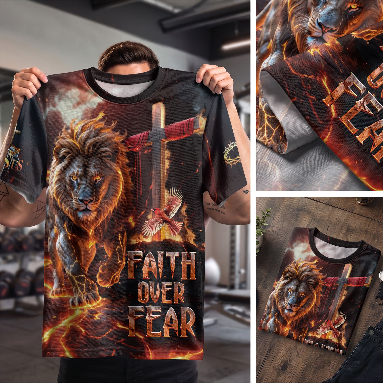 Christian Tee Shirts for Men, RustField Co - Faith Over Fear Lion of Judah Cross, Freedom Shirts - Rust Field Wear