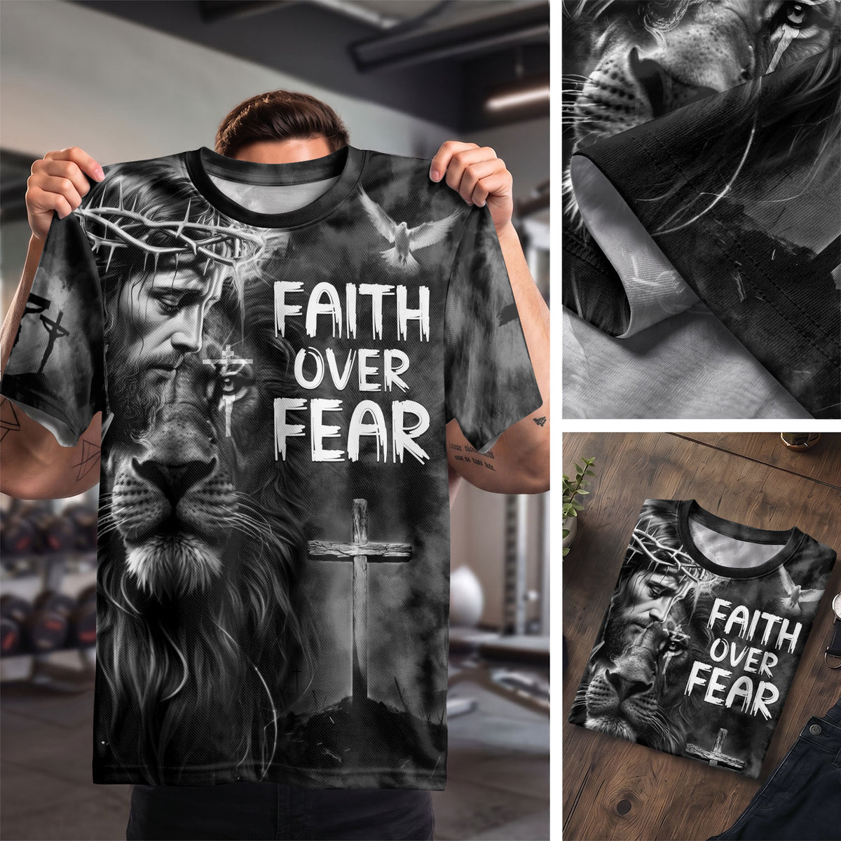Faith Over Fear Jesus Lion of Judah Cross - RustField Co Freedom Shirts, Christian Tee Shirts for Men - Rust Field Wear