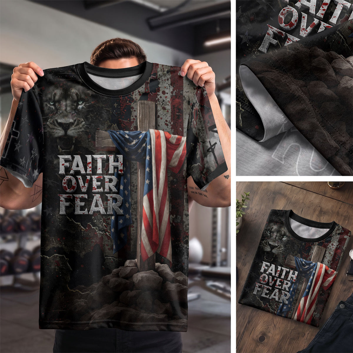 Faith Over Fear American Flag Cross Jesus Lion Of Judah Patriotic - Christian Tee Shirts for Men, Freedom Shirts, RustField Co - Rust Field Wear