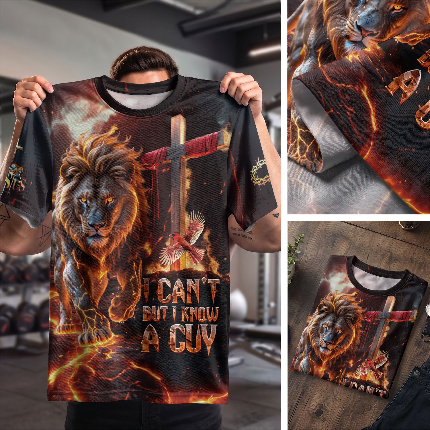 Christian Tee Shirts, I Can't But I Know A Guy Jesus Cross Lion Of Judah Fire Faith - Freedom Shirts for Men, RustField Co - Rust Field Wear