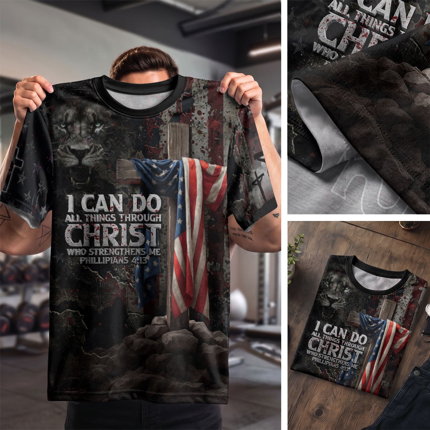 Christian Tee Shirts for Men, RustField Co - I Can Do All Things Through Christ American Flag Cross Jesus Lion, Freedom Shirts - Rust Field Wear