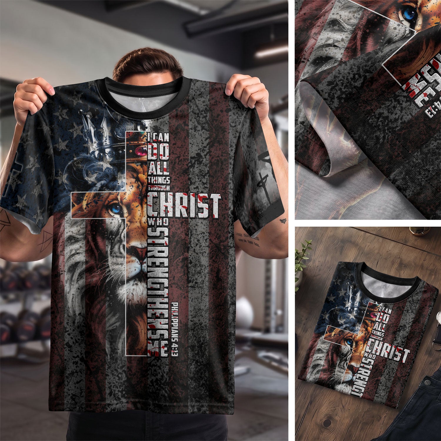 I Can Do All Things Through Christ American Flag Cross Lion Crown - RustField Co Freedom Shirts, Christian Tee Shirts for Men - Rust Field Wear